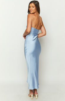 Front view of a light blue satin maxi dress with a twisted bust detail and midriff cutouts