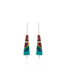 Yellow and Diamond and Opalized Wood Cocktail Earrings | 14kt White Gold