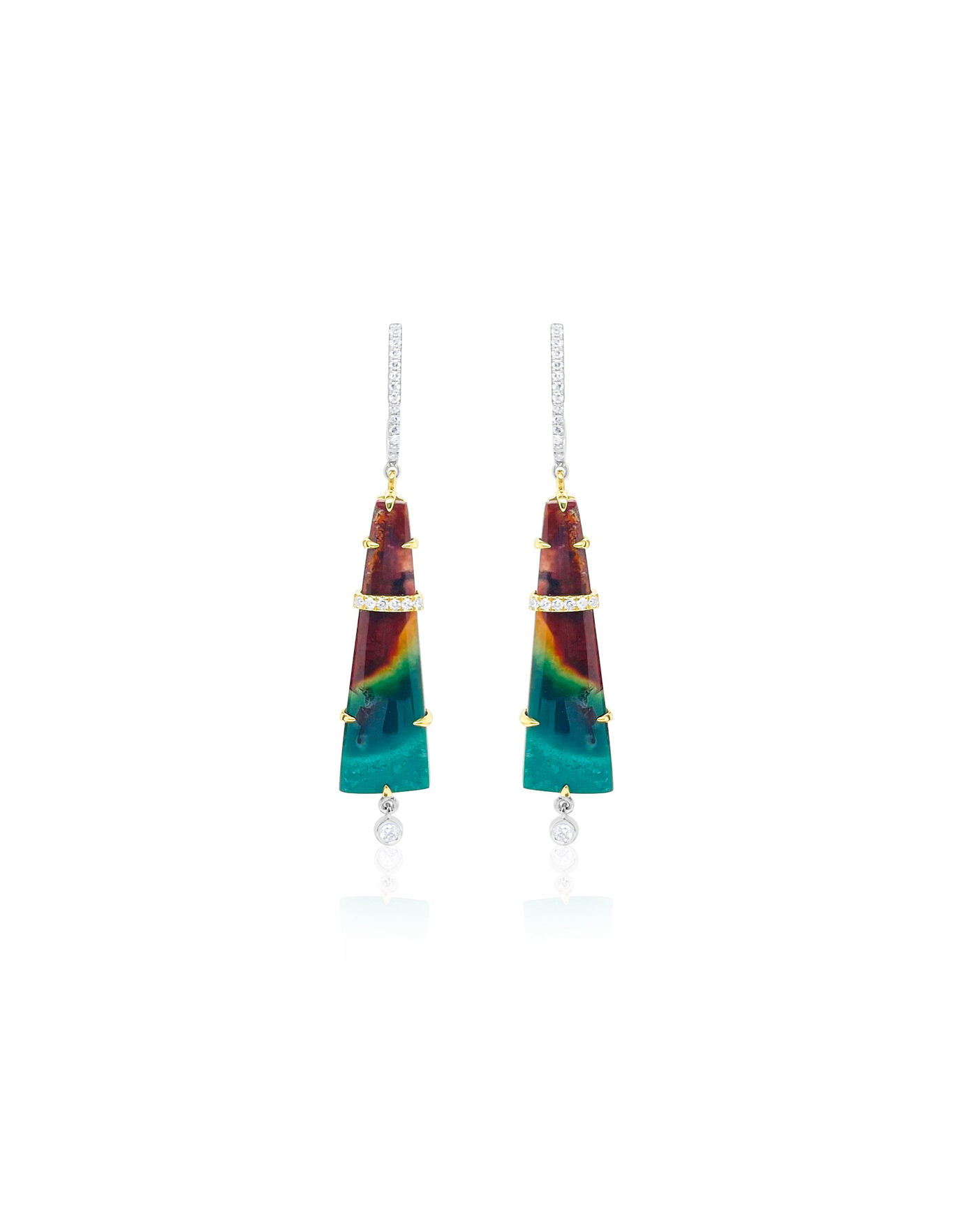 Yellow and Diamond and Opalized Wood Cocktail Earrings | 14kt White Gold