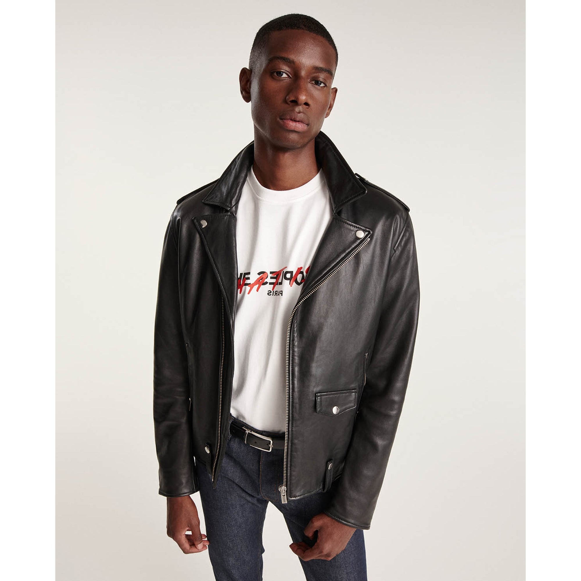 Zipped Leather Biker Jacket | Men | Black