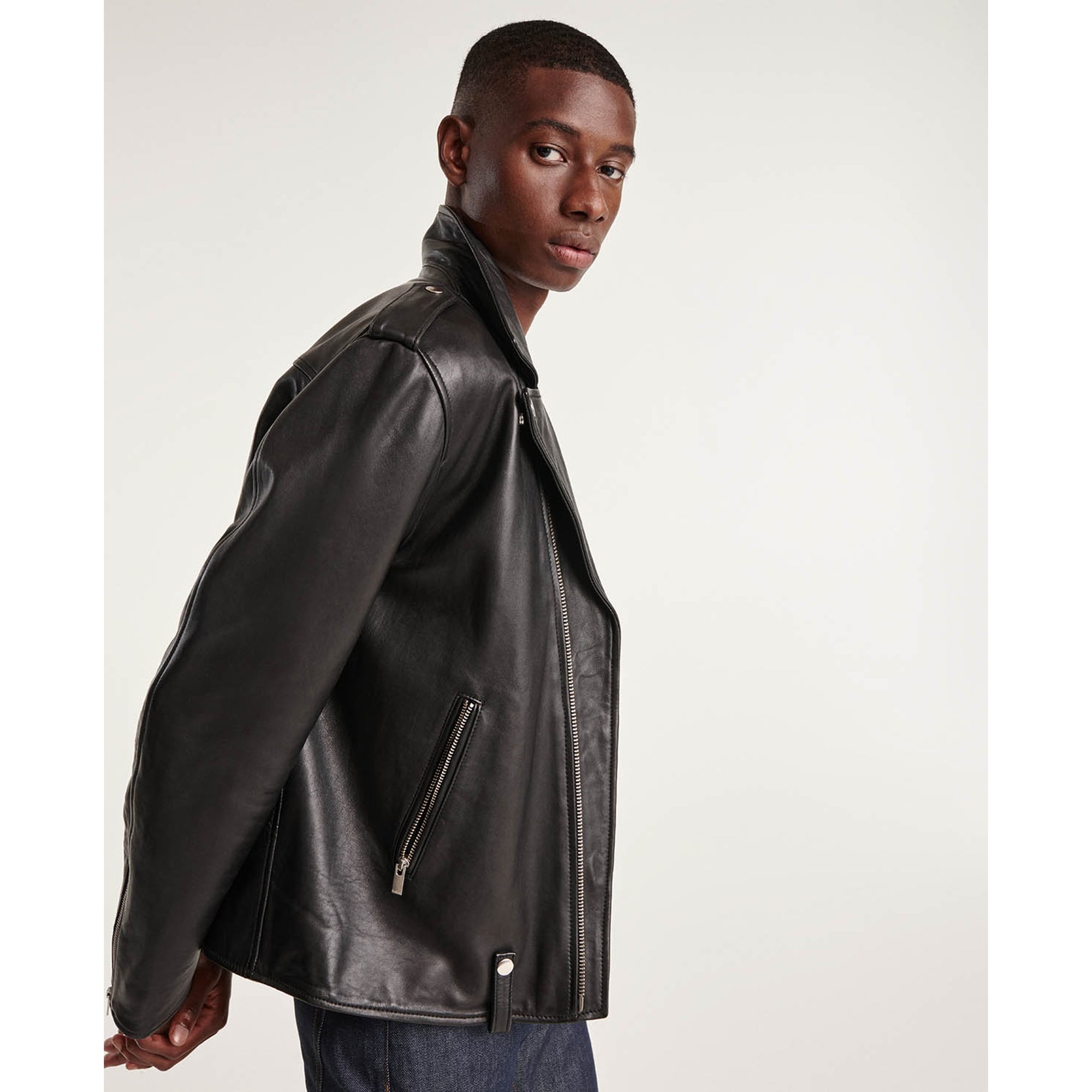 Zipped Leather Biker Jacket | Men | Black