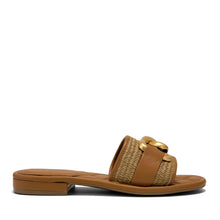 Big Charm Sandal Flat | Tan Basket Raffia/Faux Nappa