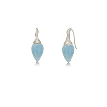 Aquamarine drop earrings with white gold and diamond ripple bales, on a white background.