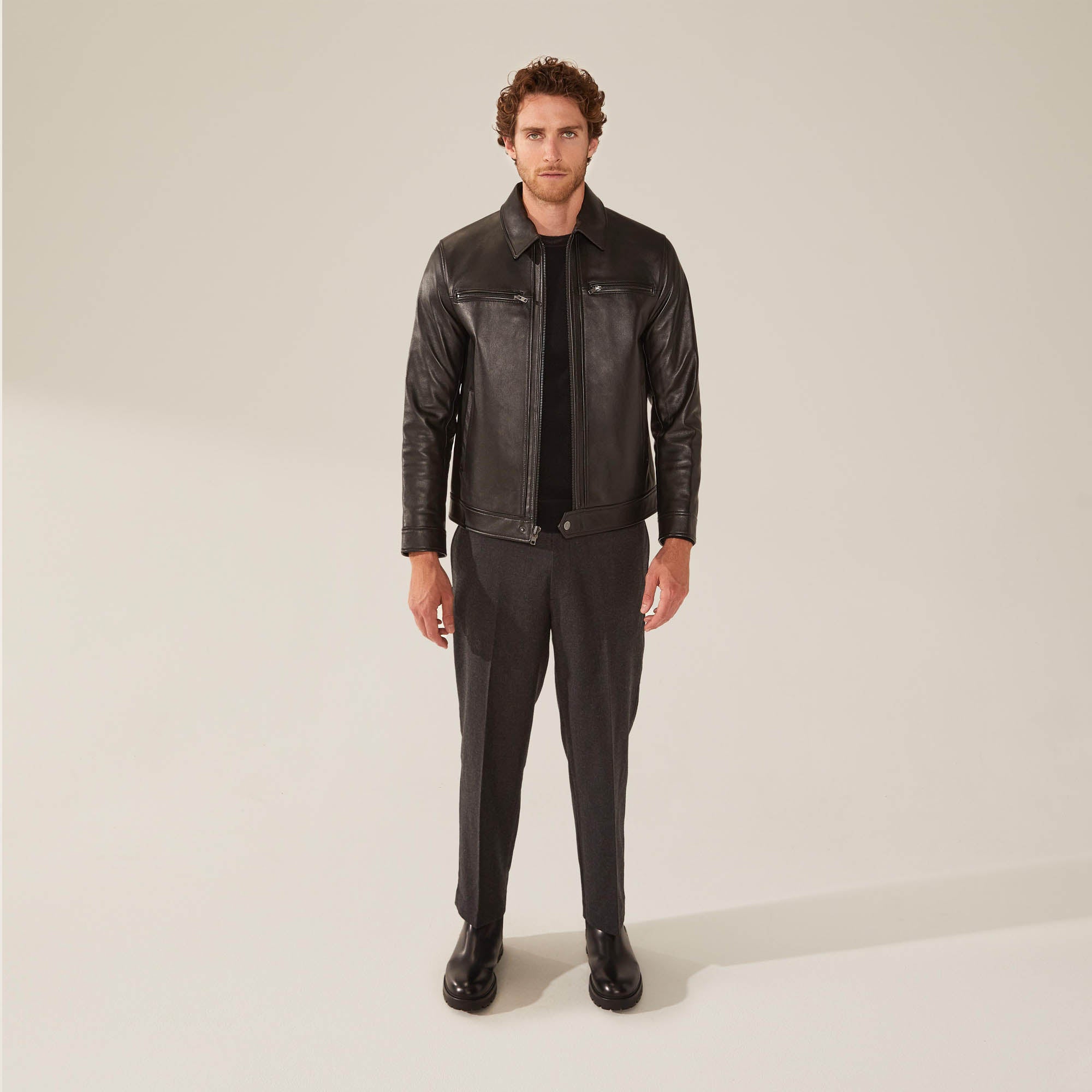 Mens | Santino Collared Zip Lambskin Leather Jacket | Black