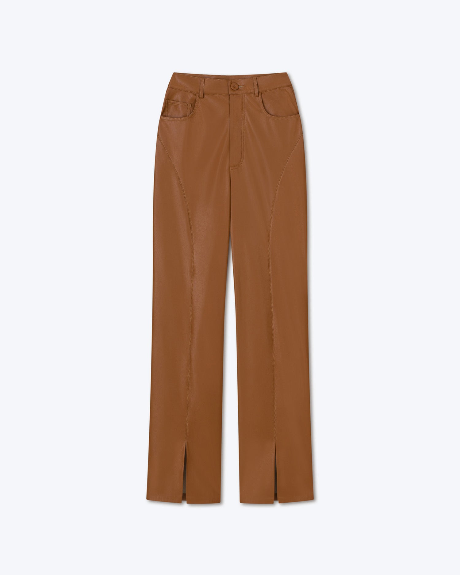 Womens | Basha Okobor Alt-Leather Split Hem Trousers | Tobacco