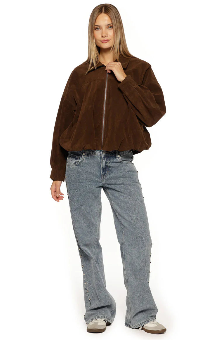 Brookie Suedette Cuff Sleeve Bomber Jacket | Brown