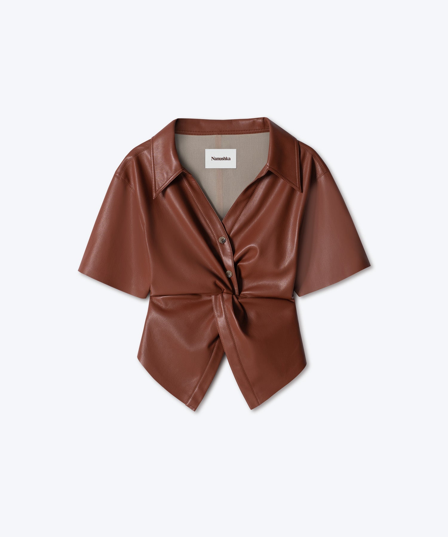 Womens | Thora Twist-Front Vegan Leather Shirt | Brick