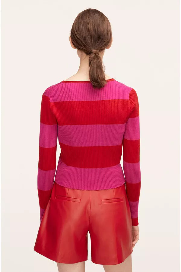 Rib Merino Striped Cropped Cardigan | Crimson Stripe