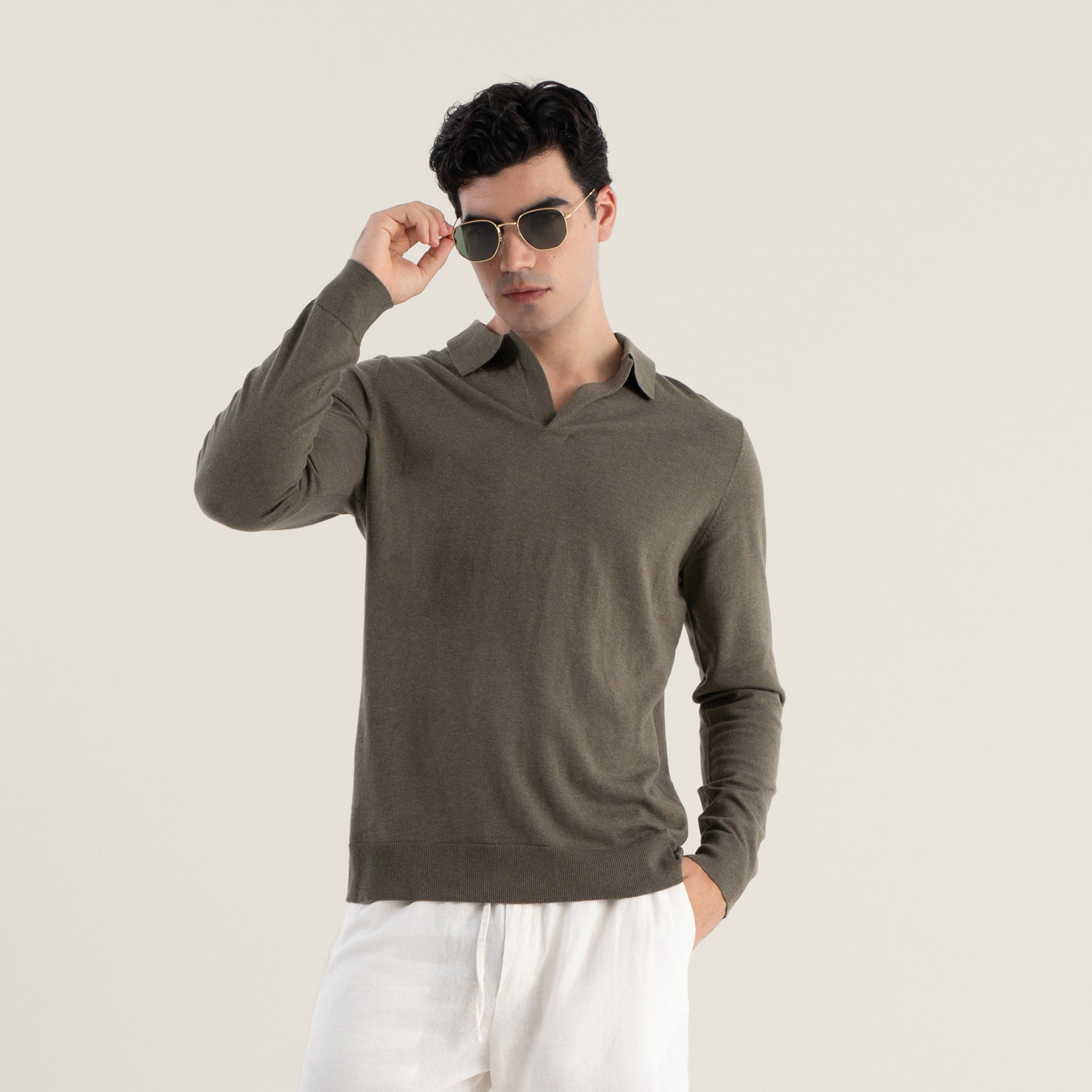 Mens | Elliot Featherlight Long Sleeve Polo | Vetiver