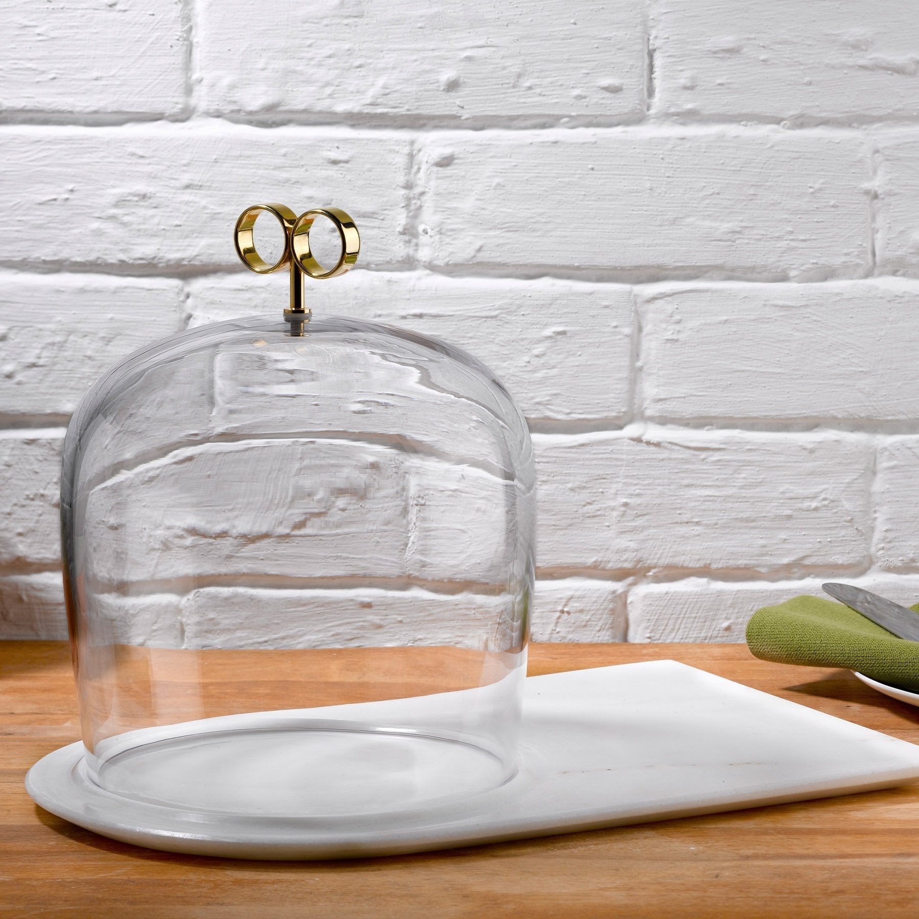 Cupola Cake Dome With Brass Handle And Marble Base - High | Clear Crystal/Brass/Marble