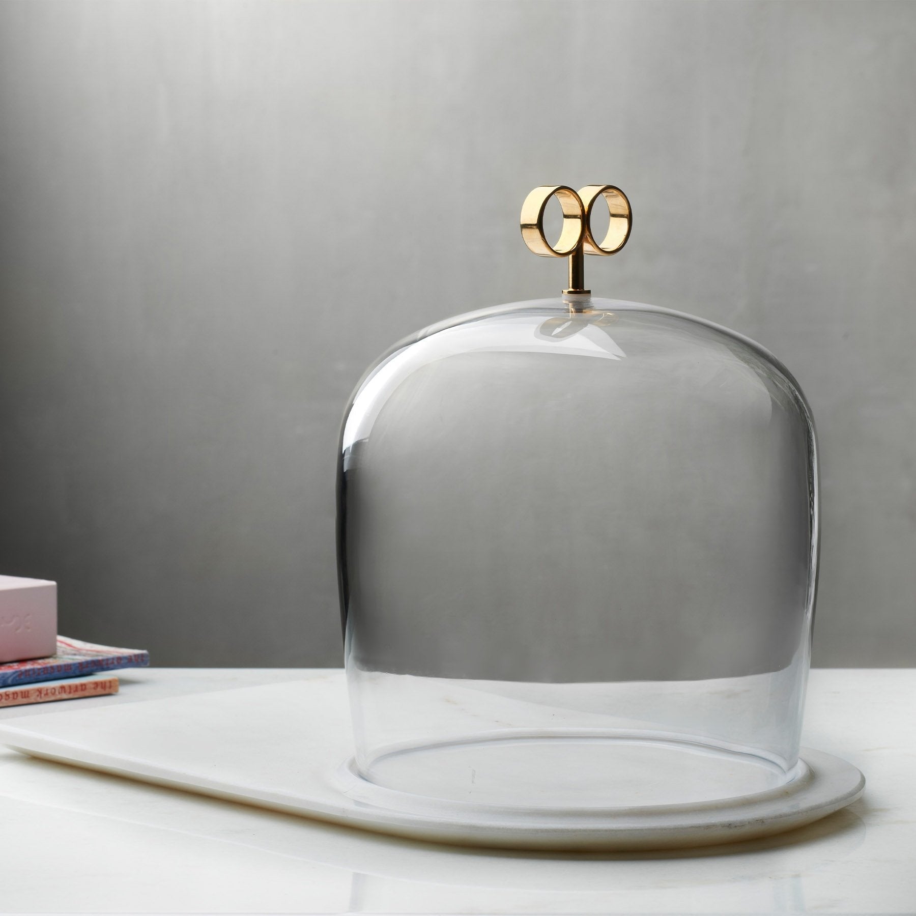 Cupola Cake Dome With Brass Handle And Marble Base - High | Clear Crystal/Brass/Marble