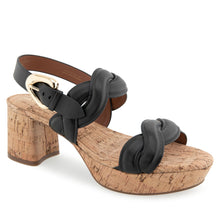 Camea Sandal Platform | Black Leather W/Raffia Heel