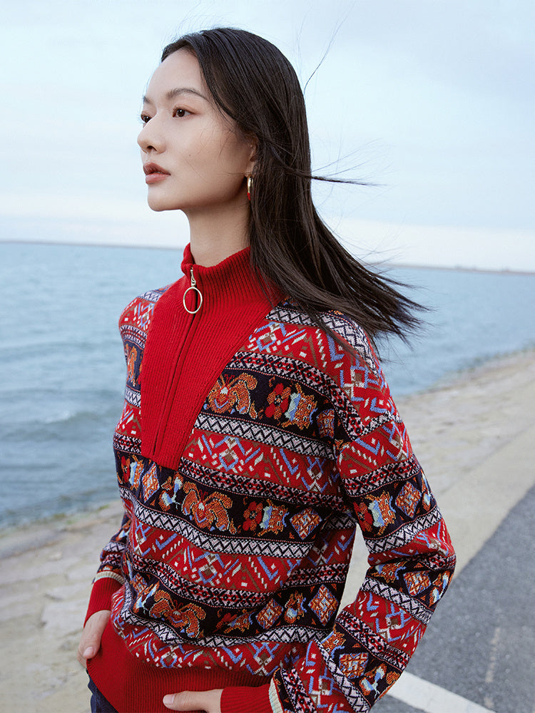Retro Style Polo Jacquard Sweater | Red