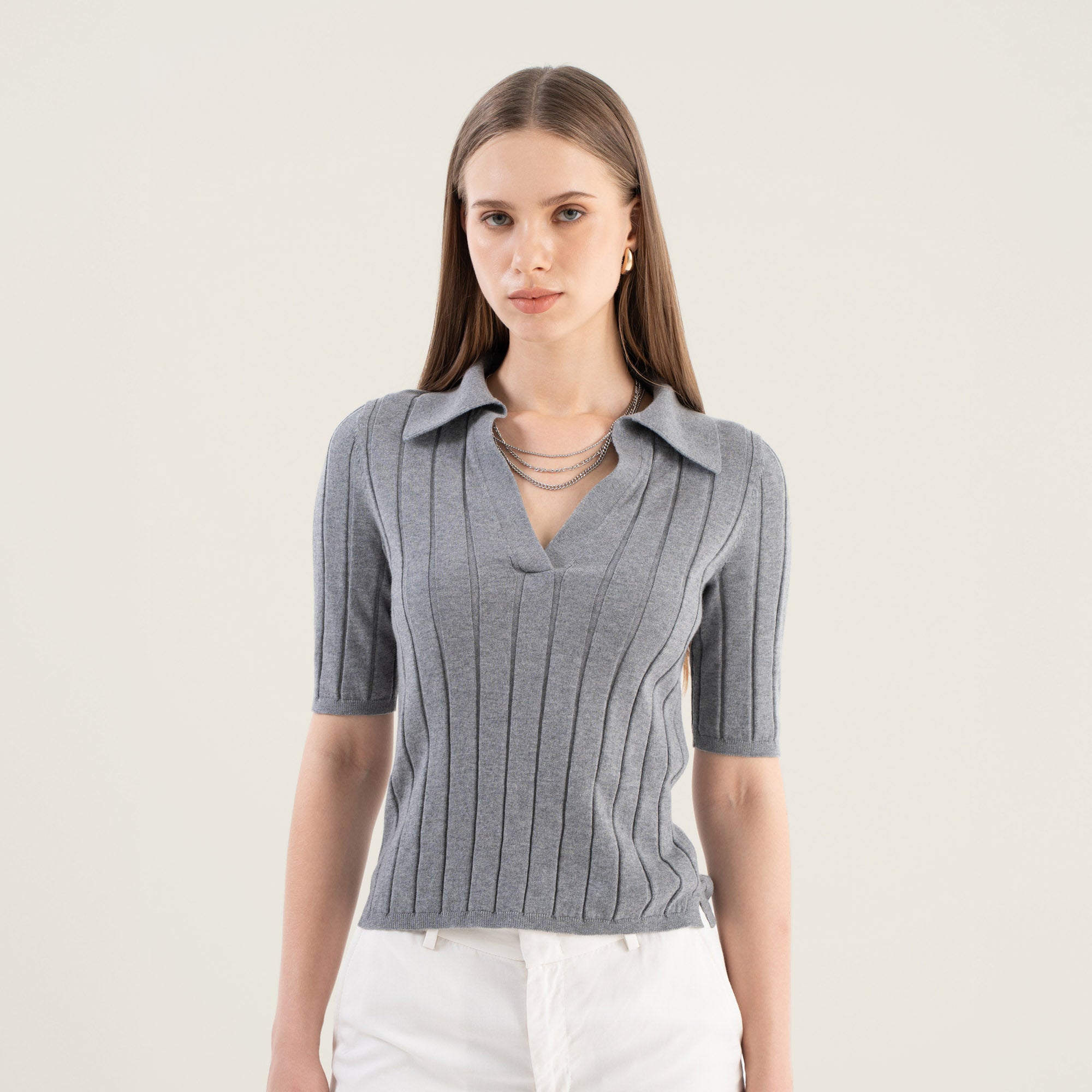 Womens | Elise Featherlight Cashmere Polo | Heather Grey