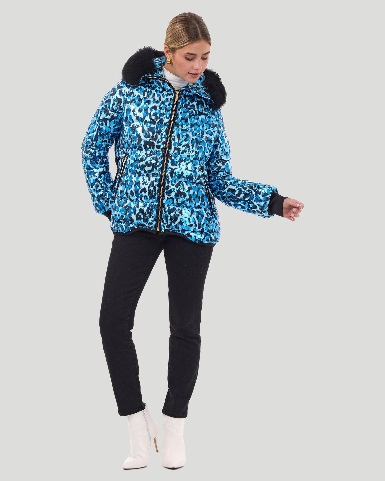 Après-Ski Jacket With Detachable Fo Hood Trim | Women | Sky Leopard x Black