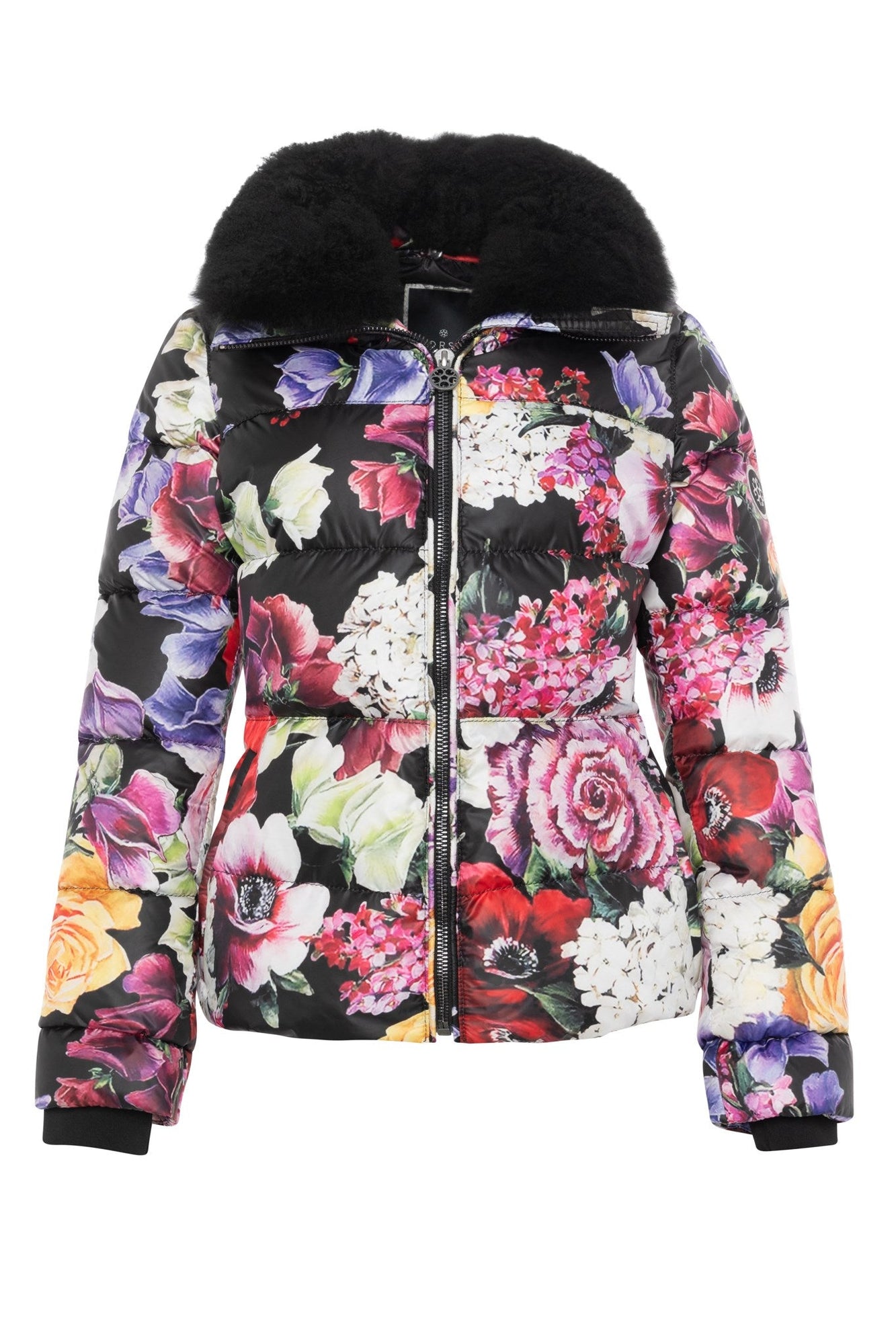 Après-Ski Jacket With Detachable Toscana Shearling Lamb Collar | Women | Black Floral x Black