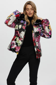 Après-Ski Jacket With Detachable Toscana Shearling Lamb Collar | Women | Black Floral x Black