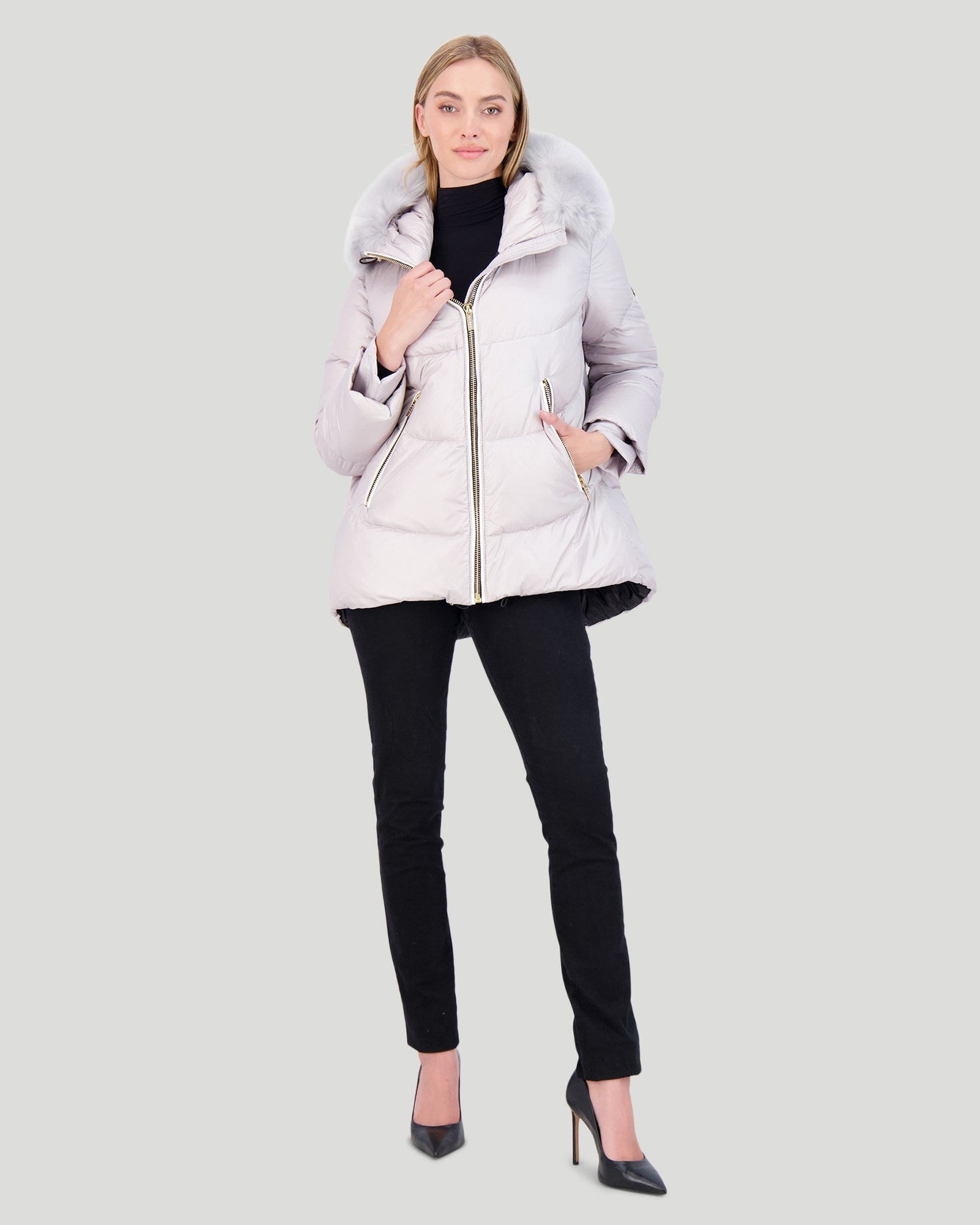 Après-Ski Jacket With Detachable Toscana Shearling Lamb Hood Trim | Women | Gray x Gray (V2)