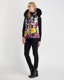 Après-Ski Vest With Detachable Toscana Shearling Lamb Hood Trim | Women | Black Floral x Black (V2)