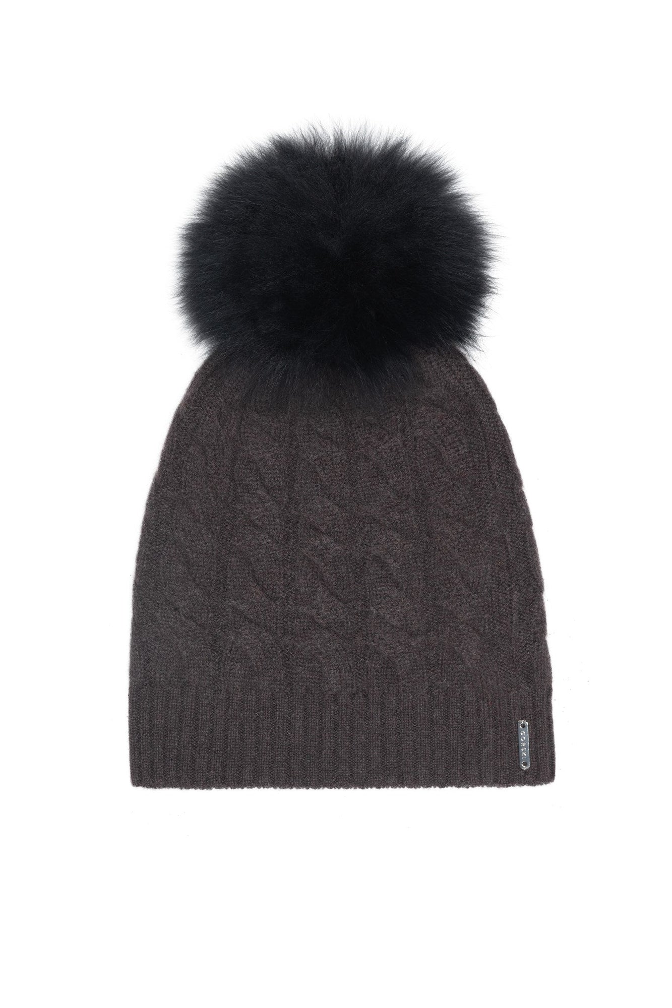 Cashmere Cable Knit Hat With Select Lamb Pompom | Women | Brown x Black