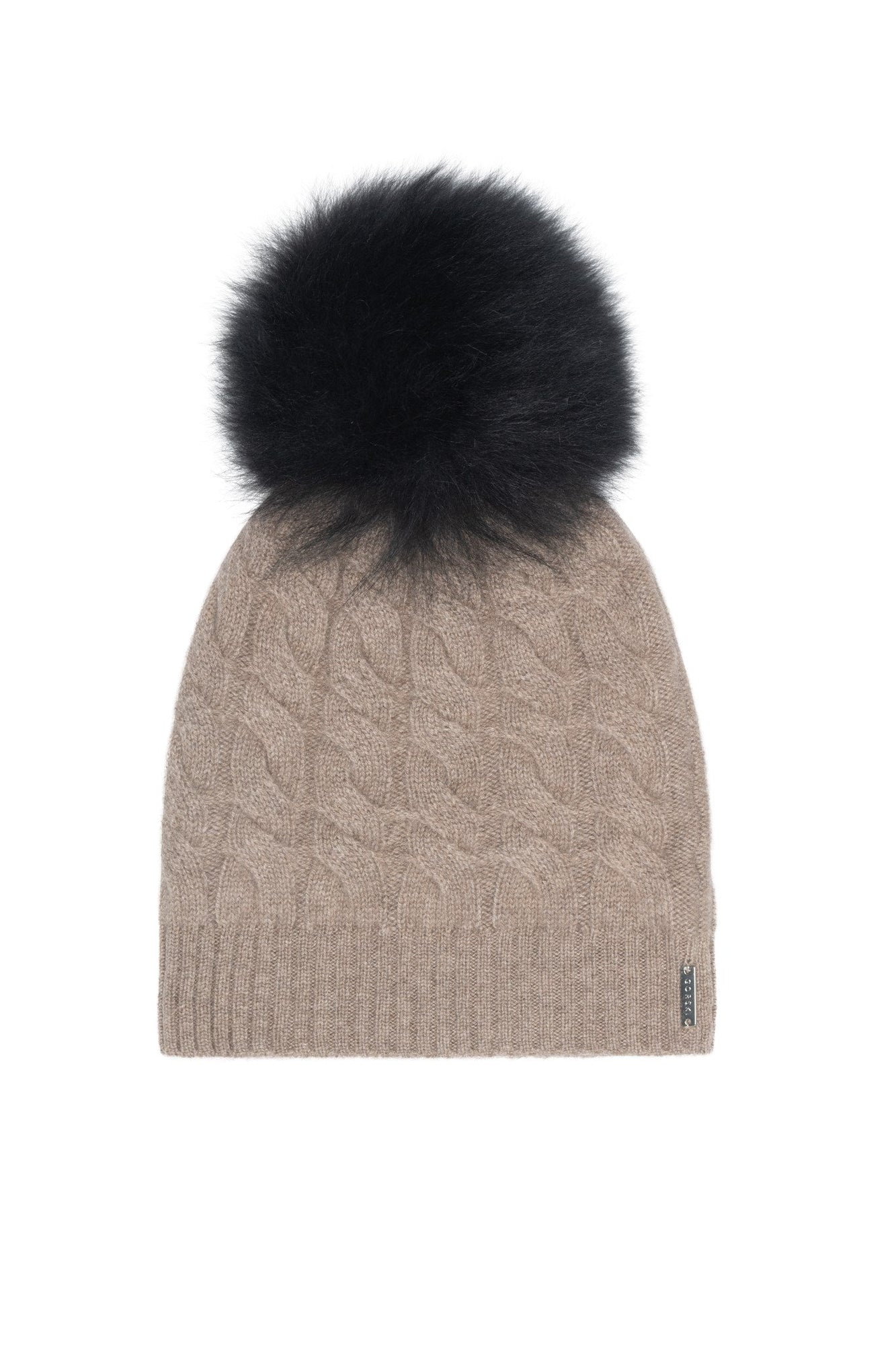 Cashmere Cable Knit Hat With Select Lamb Pompom | Women | Khaki x Black