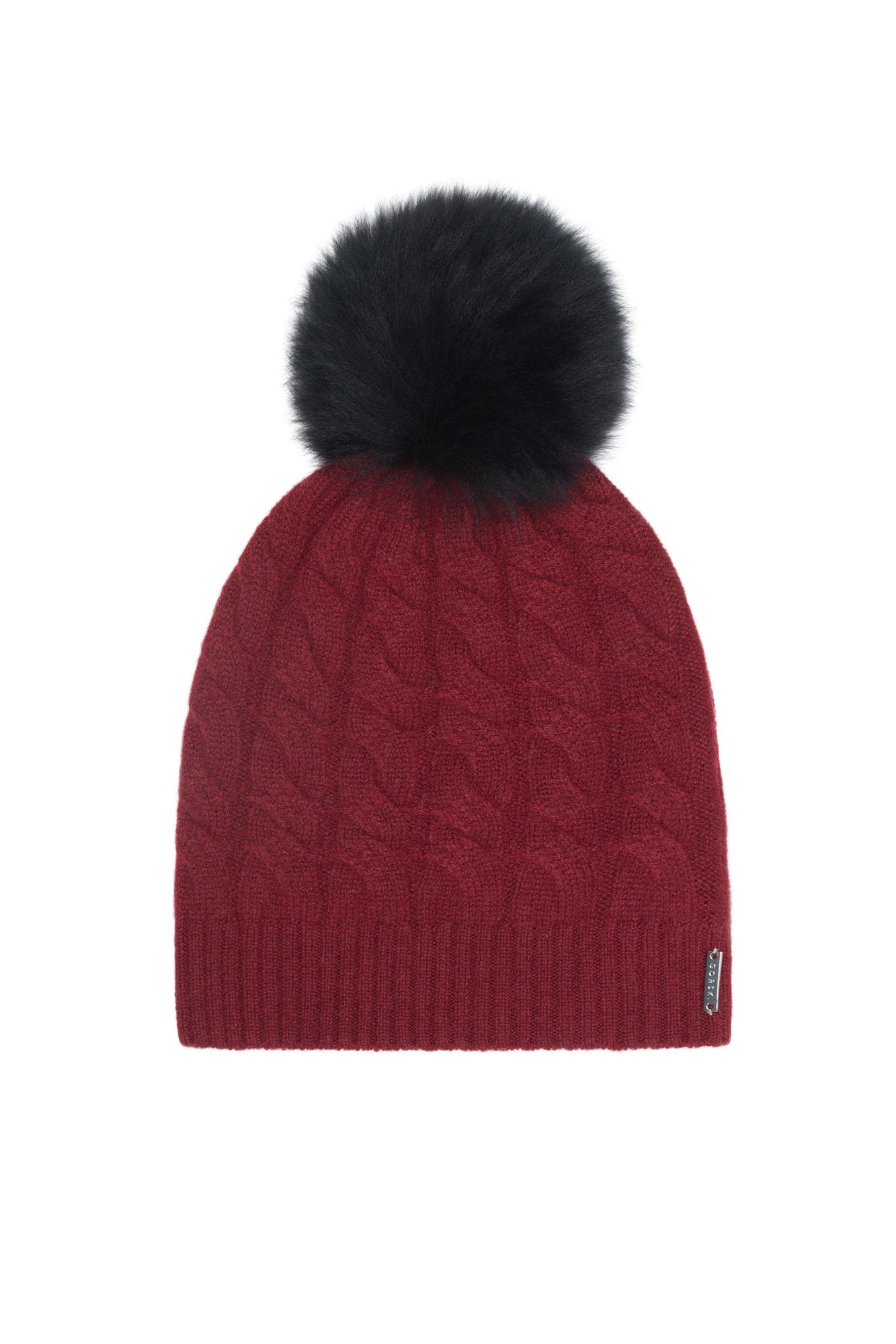 Cashmere Cable Knit Hat With Select Lamb Pompom | Women | Burgundy x Black