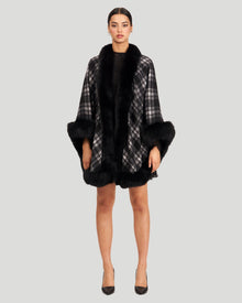 Cashmere Capelet With Fox Trim | Women | Black Checker