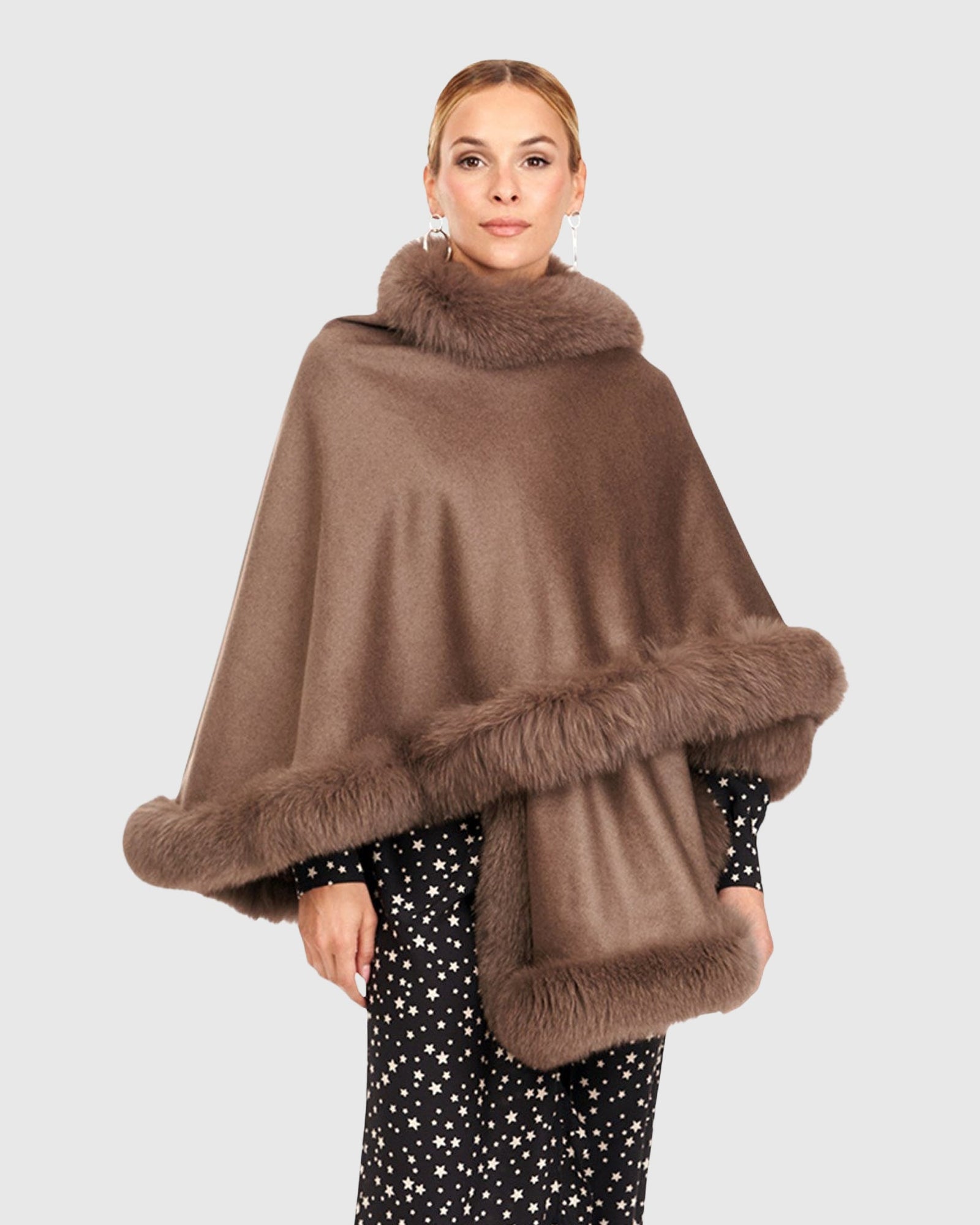 Cashmere Capelet With Fox Trim | Khaki Taupe
