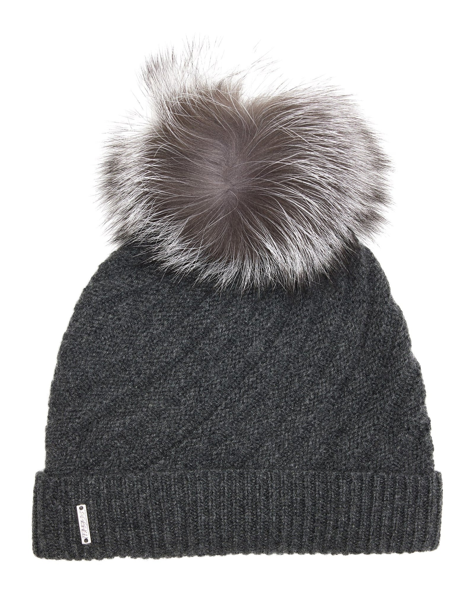 Cashmere Diagonal Hat With Fo Pompom | Women | Anthracite x Silver Fox