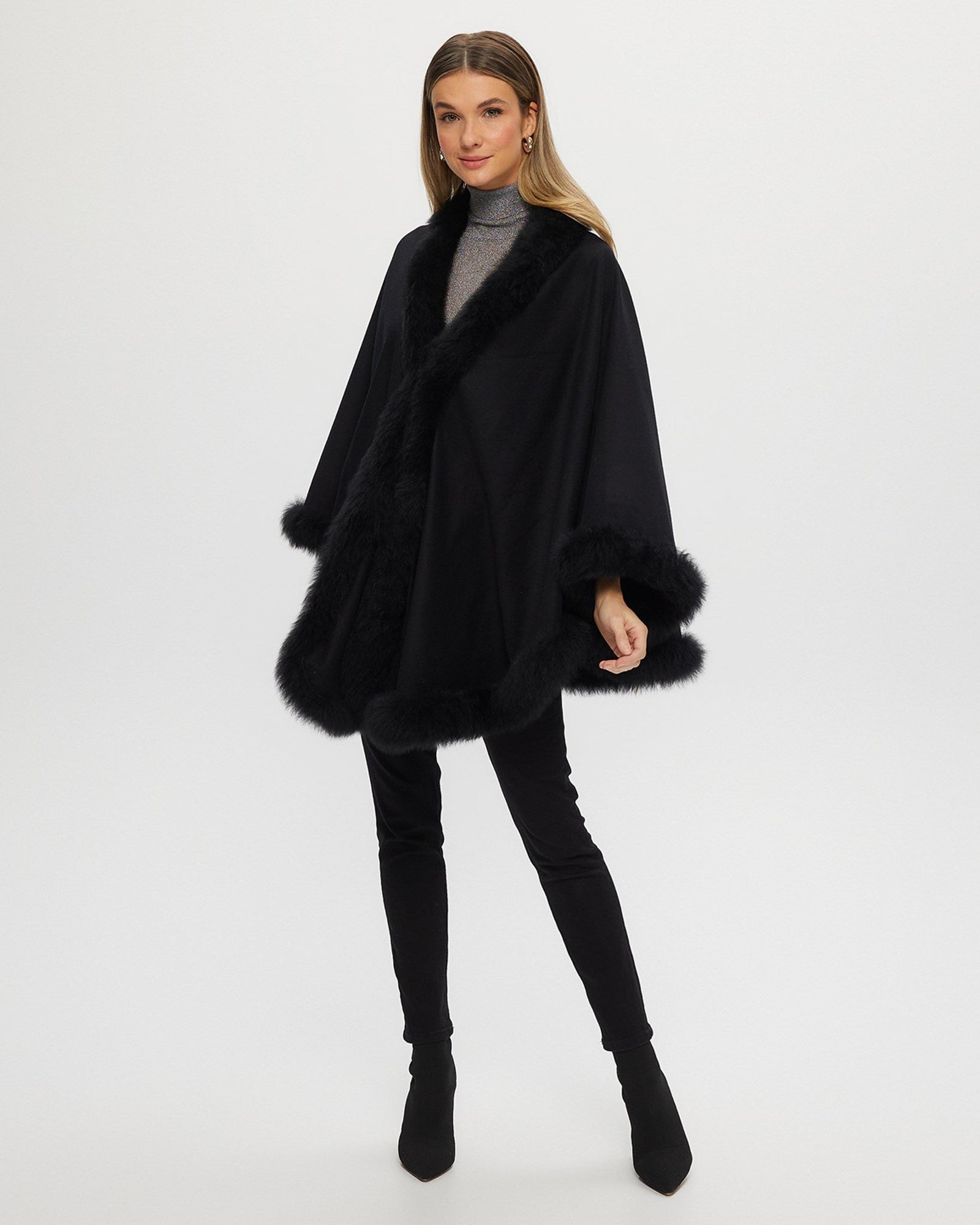 Cashmere & Wool Cape With Toscana Shearling Lamb Trim | Women | Black