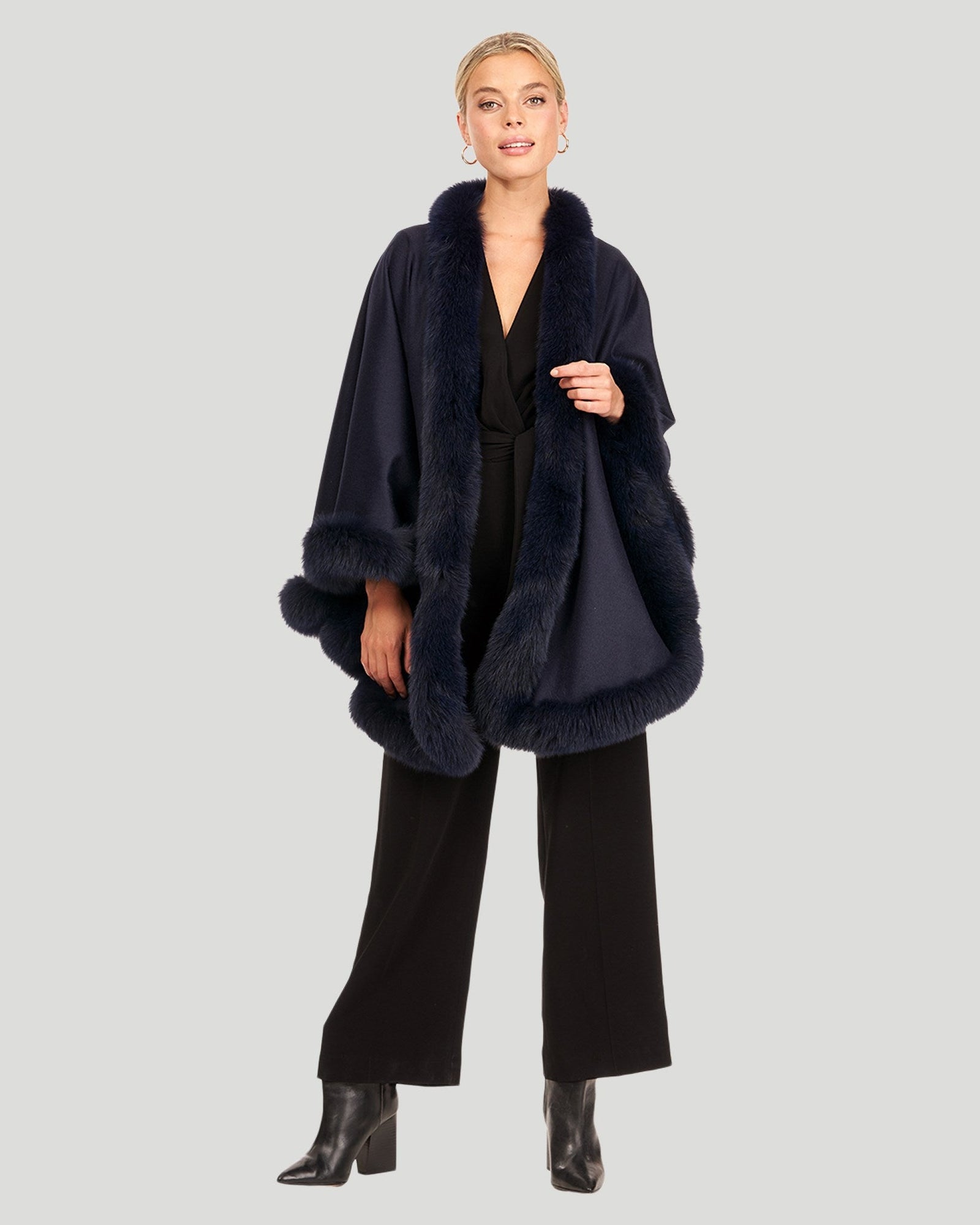 Cashmere & Wool Cape With Toscana Shearling Lamb Trim | Women | Navy