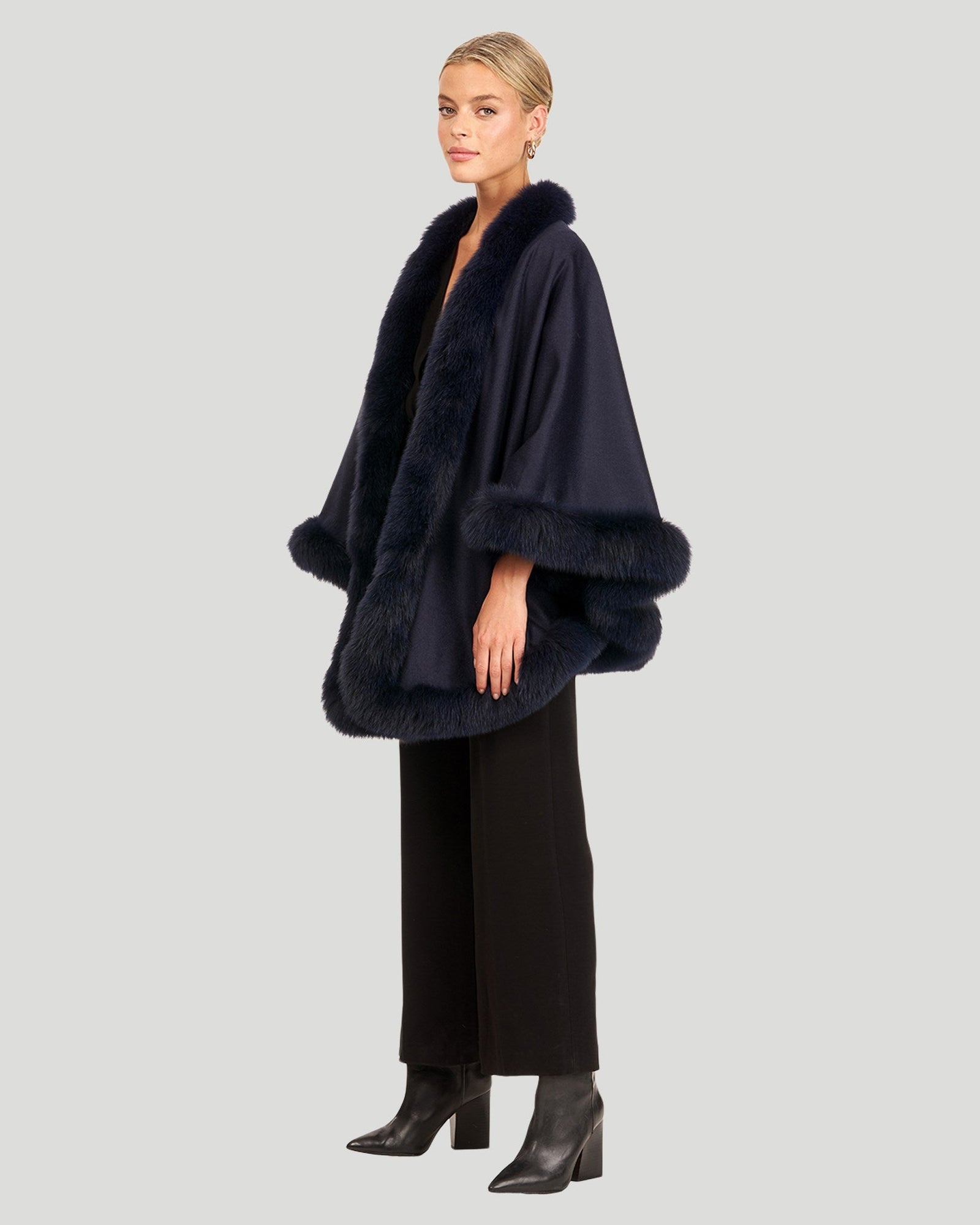 Cashmere & Wool Cape With Toscana Shearling Lamb Trim | Women | Navy