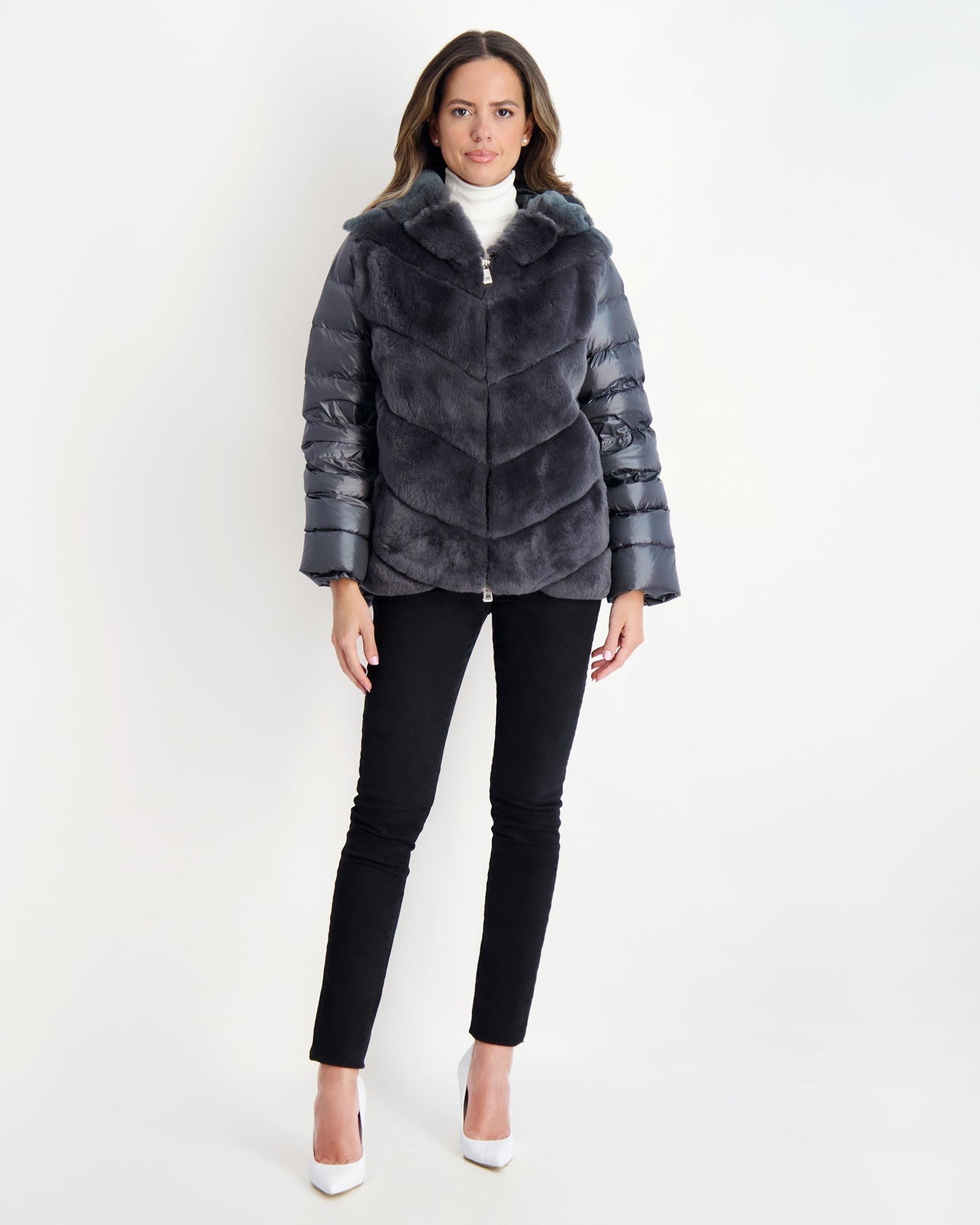 Chevron Rex Rabbit Zip Jacket With Quilted Detailing | Women | Gray