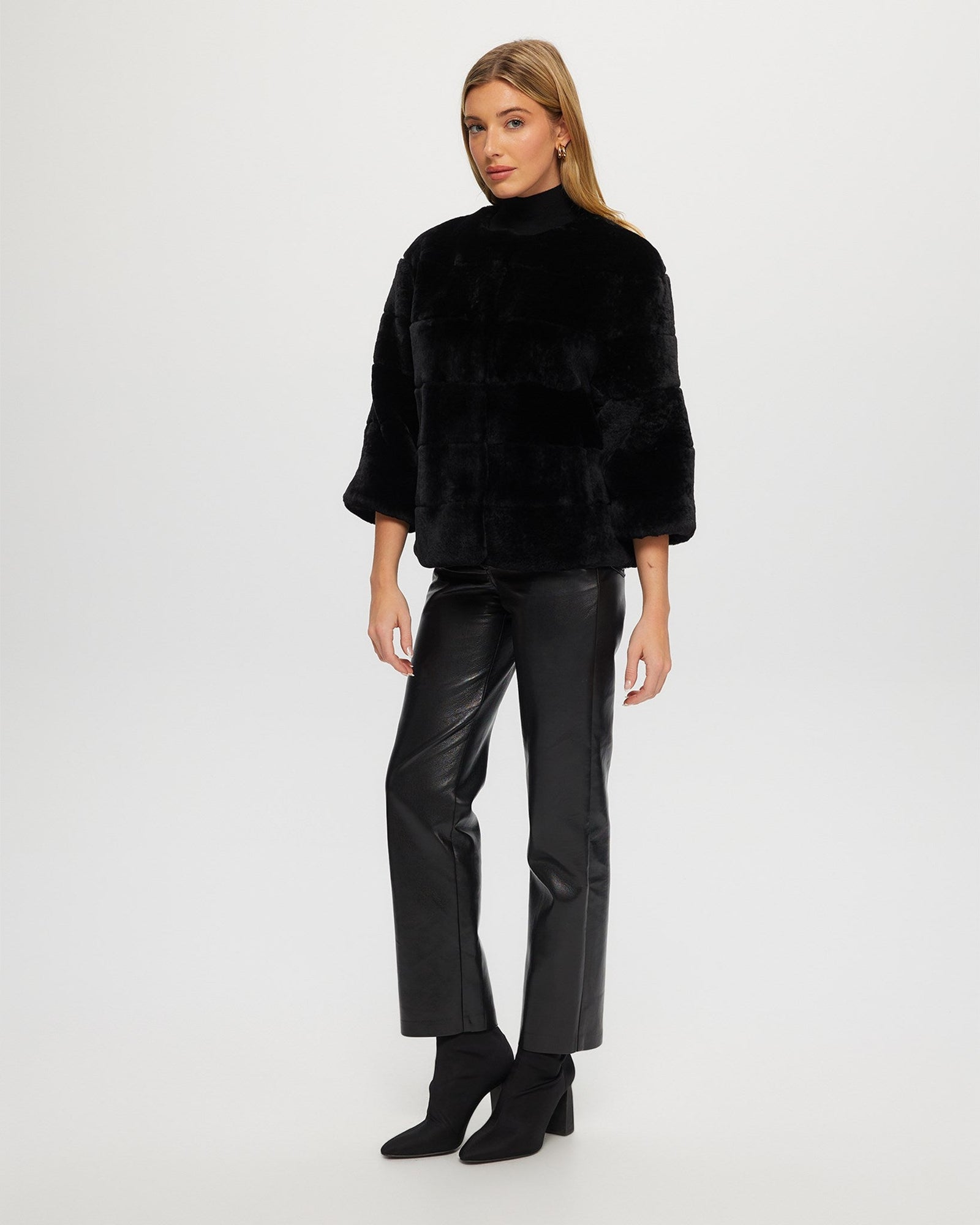 Collarless Select Shearling Lamb Jacket With 3/4 Sleeves | Women | Black