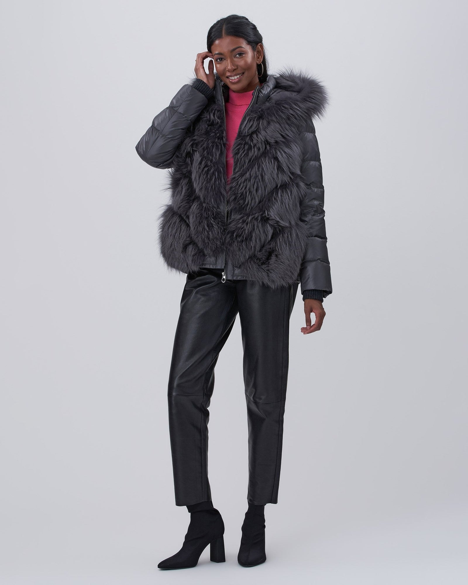 Convertible Fox Down Filled Zip Parka-Vest | Women | Charcoal