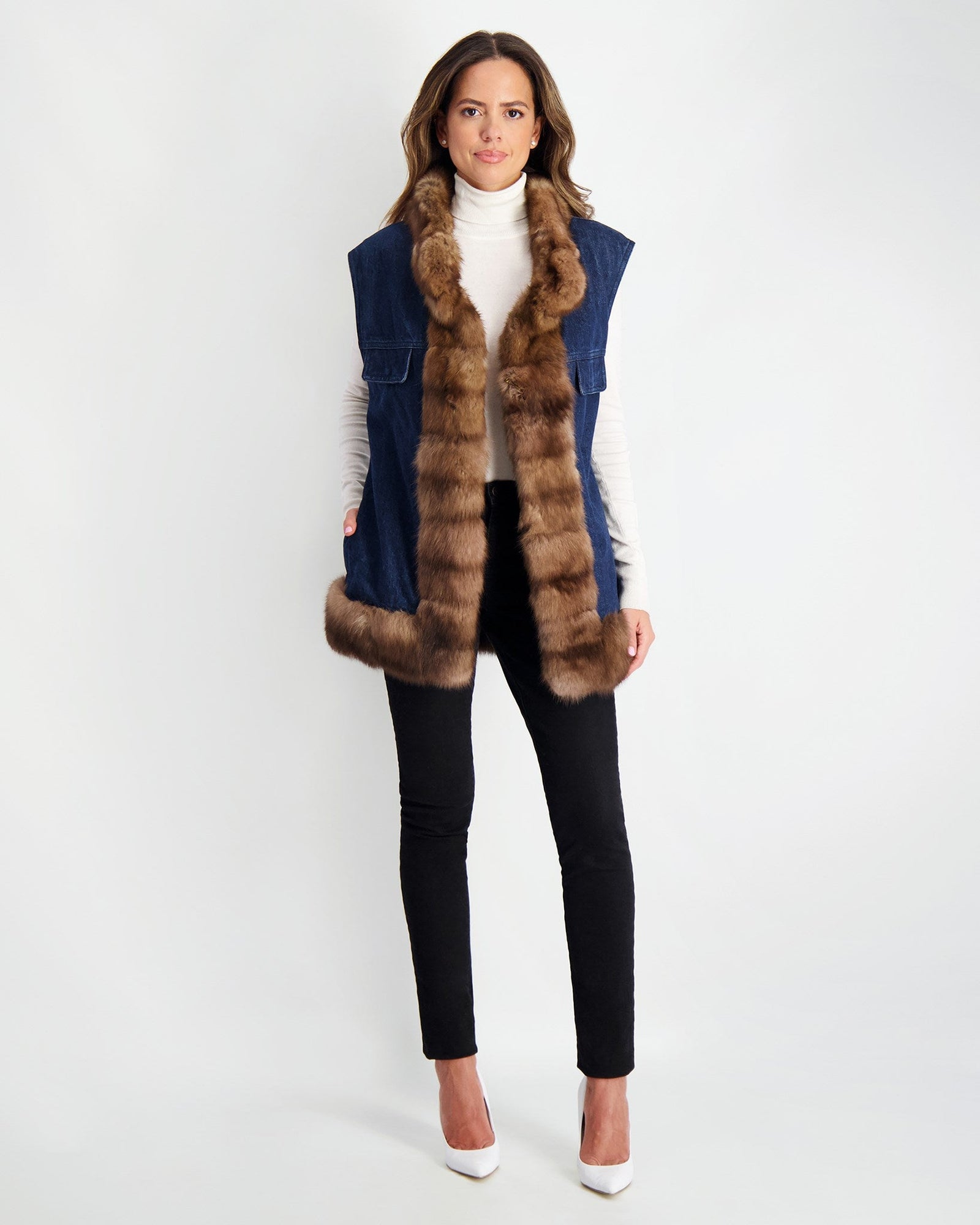 Vest With Sable Trim | Women | Denim x Brown