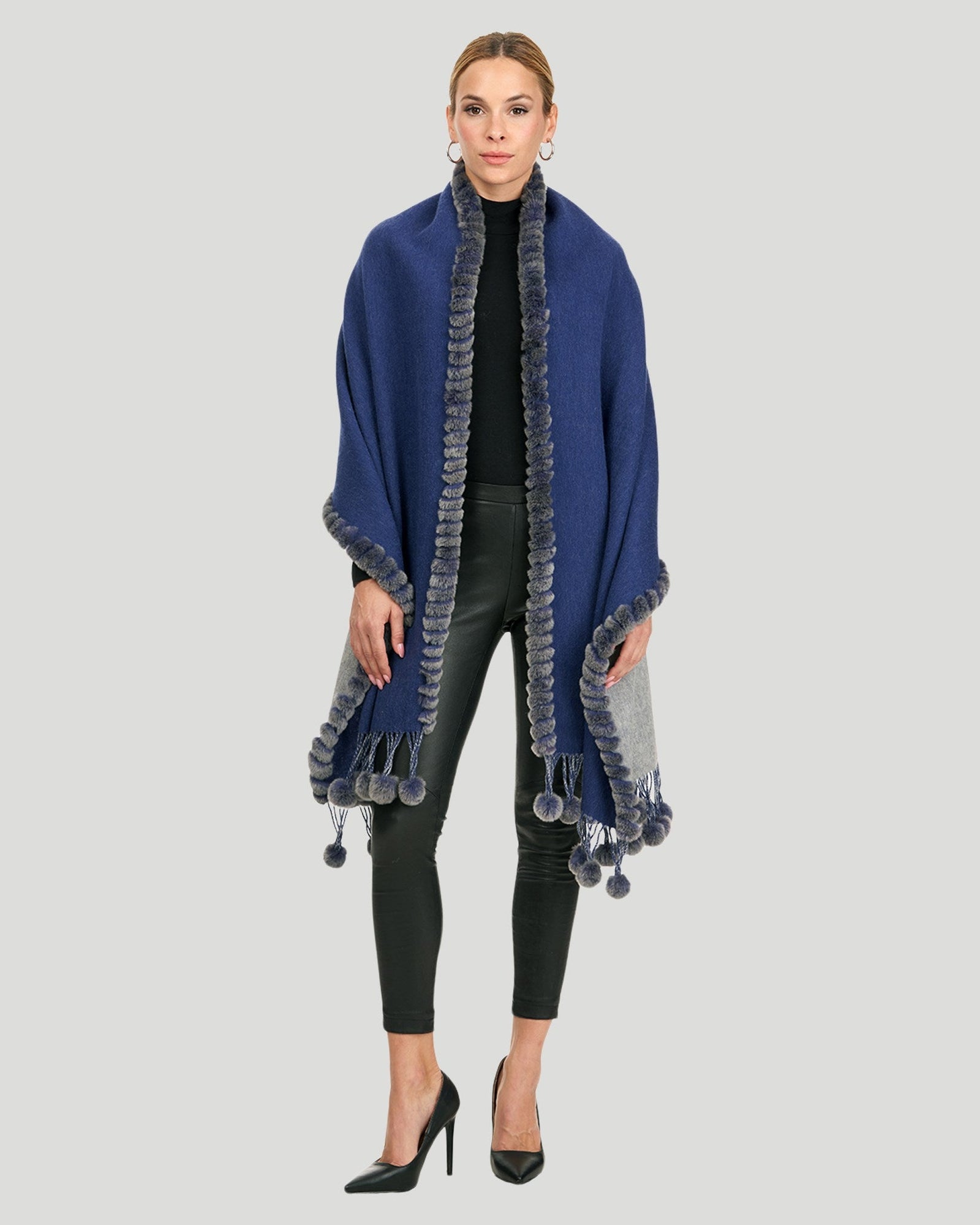 Double Face Cashmere And Wool Stole With Re Rabbit Trim | Women | Blue x Gray