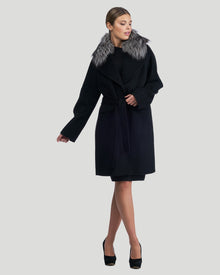 Double Face Cashmere Short Coat With Fo Collar And Belt | Women | Black x Silver