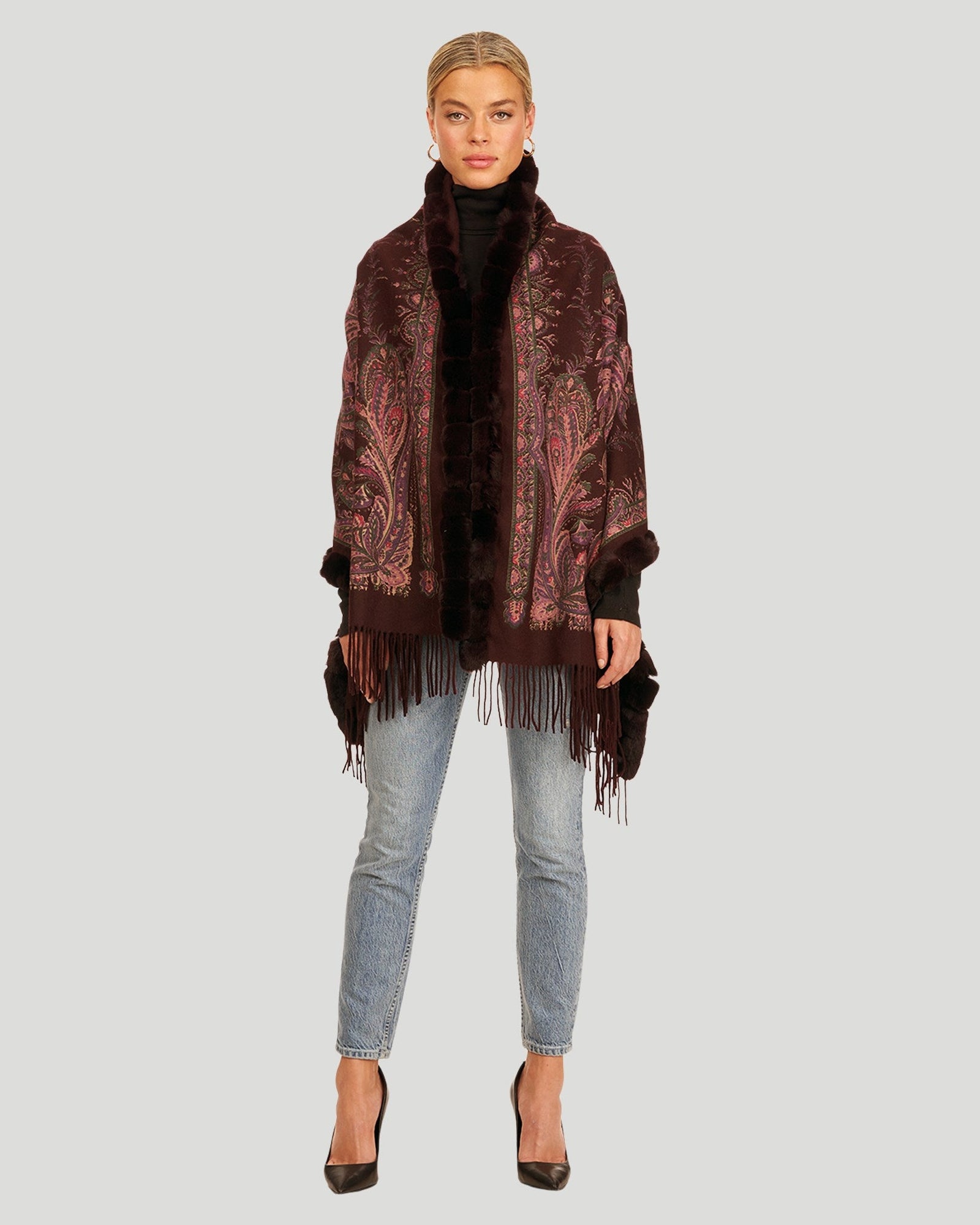 Double Face Cashmere Stole With Rex Rabbit Trim | Women | Wine Paisley