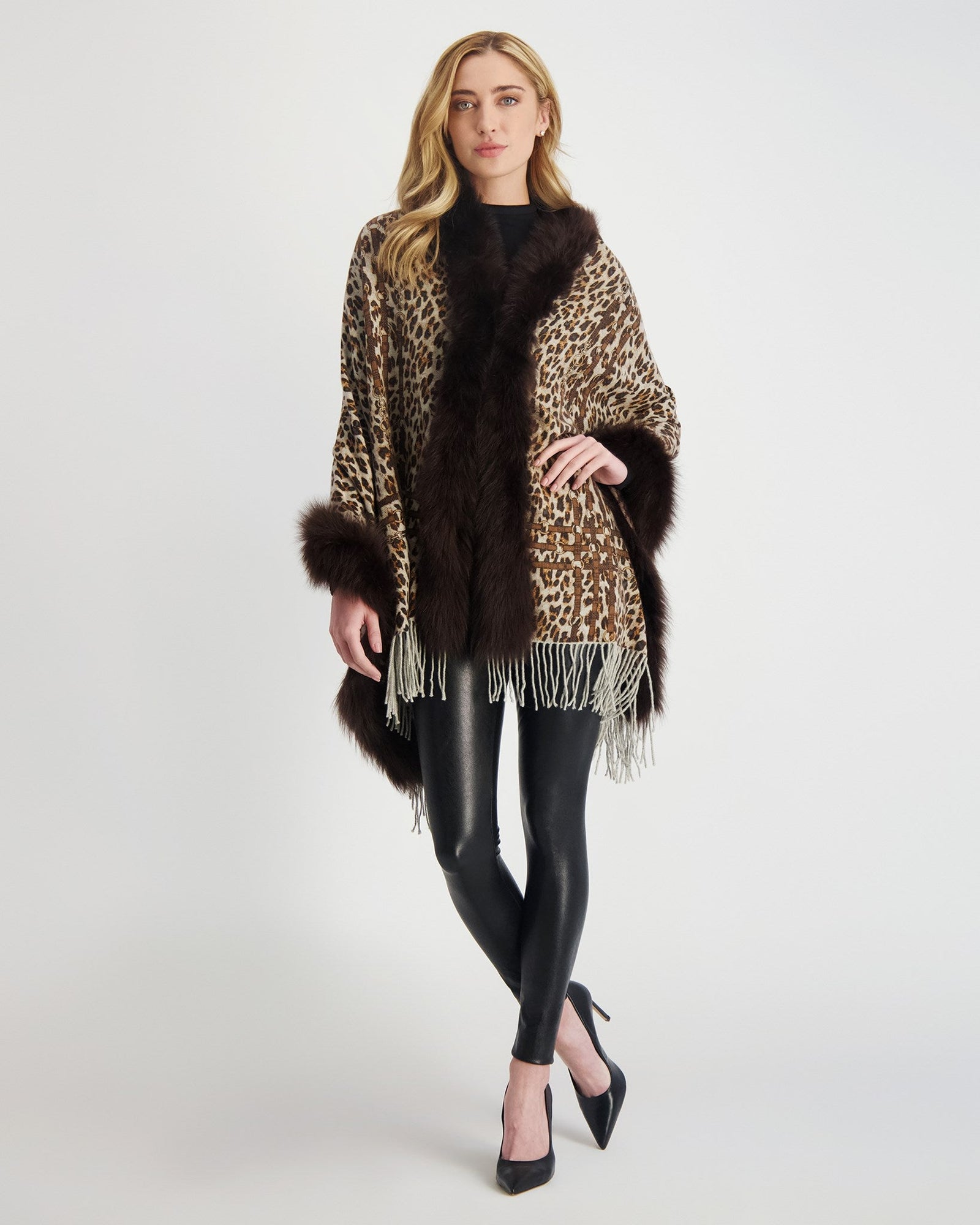 Double Face Select Cashmere Stole With Toscana Shearling Lamb Trim | Women | Brown Animal Print x Houndstooth