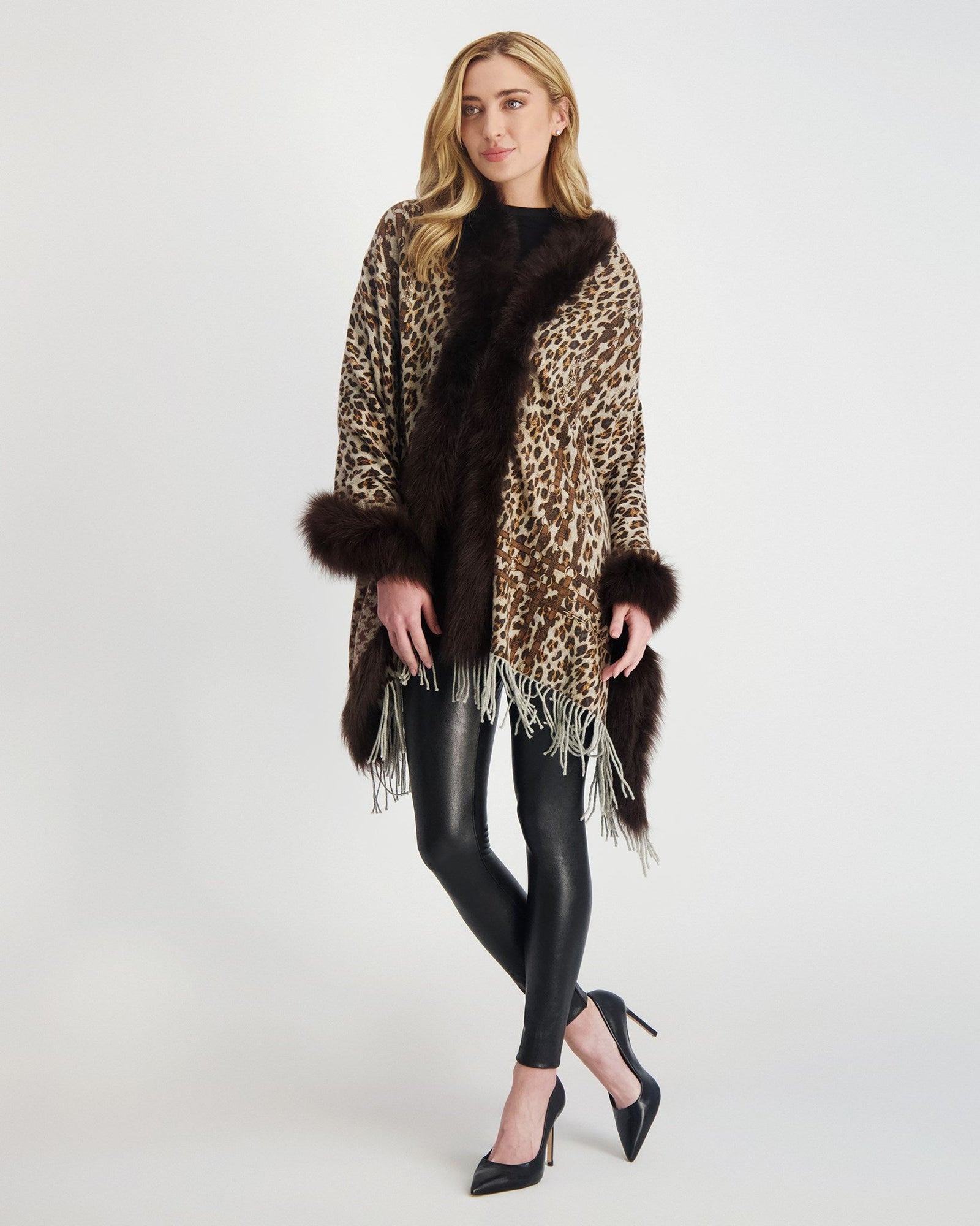 Double Face Select Cashmere Stole With Toscana Shearling Lamb Trim | Women | Brown Animal Print x Houndstooth