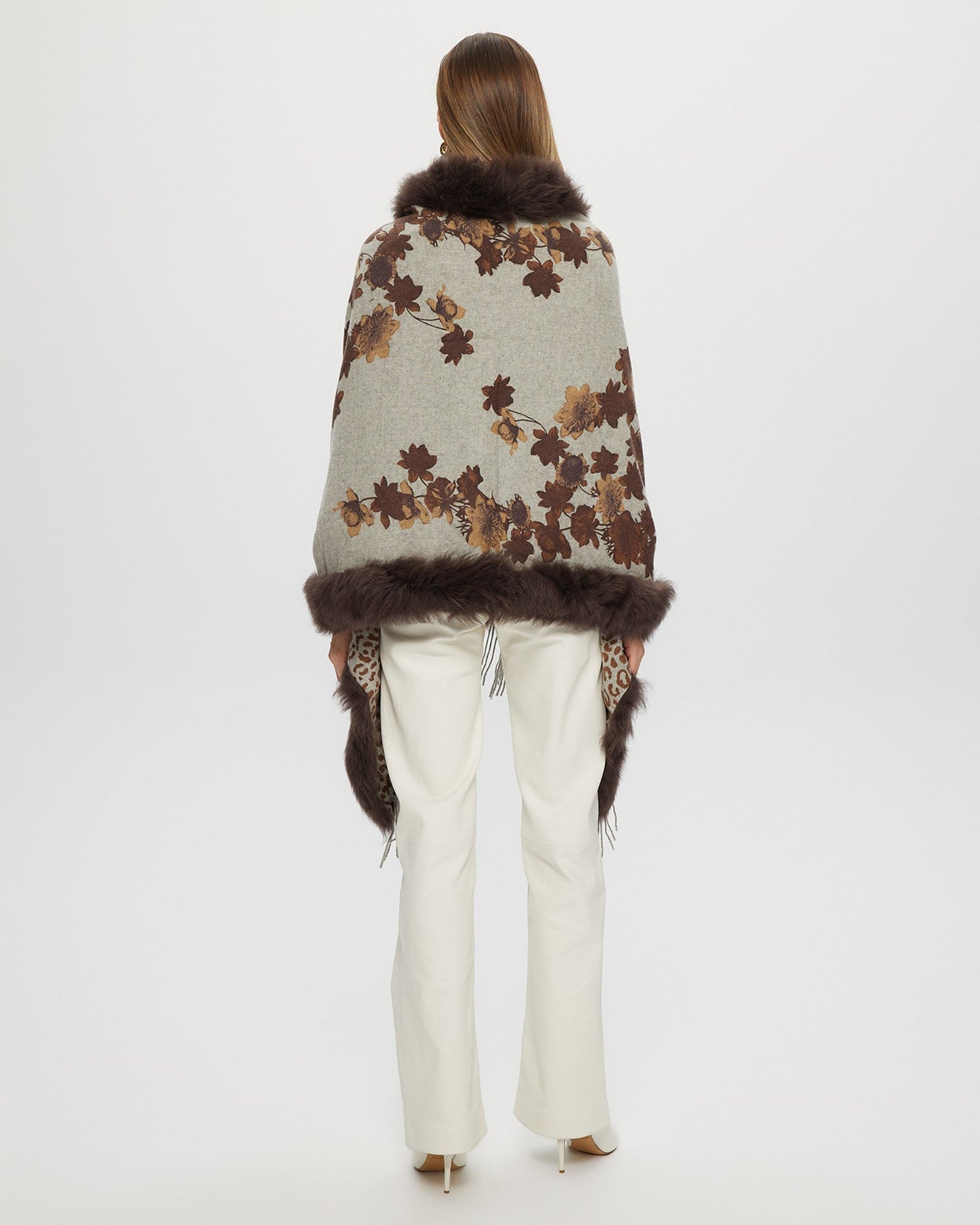 Double Face Select Cashmere Stole With Toscana Shearling Lamb Trim | Women | Brown Print x Animal Print (V2)