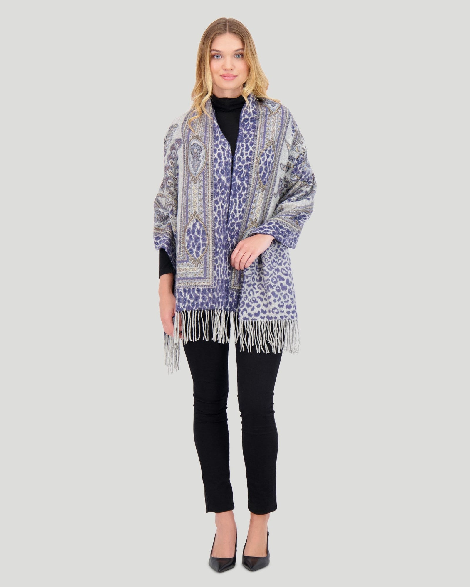 Double Sided Select Cashmere Stole | Women | Navy Paisley x Animal Print