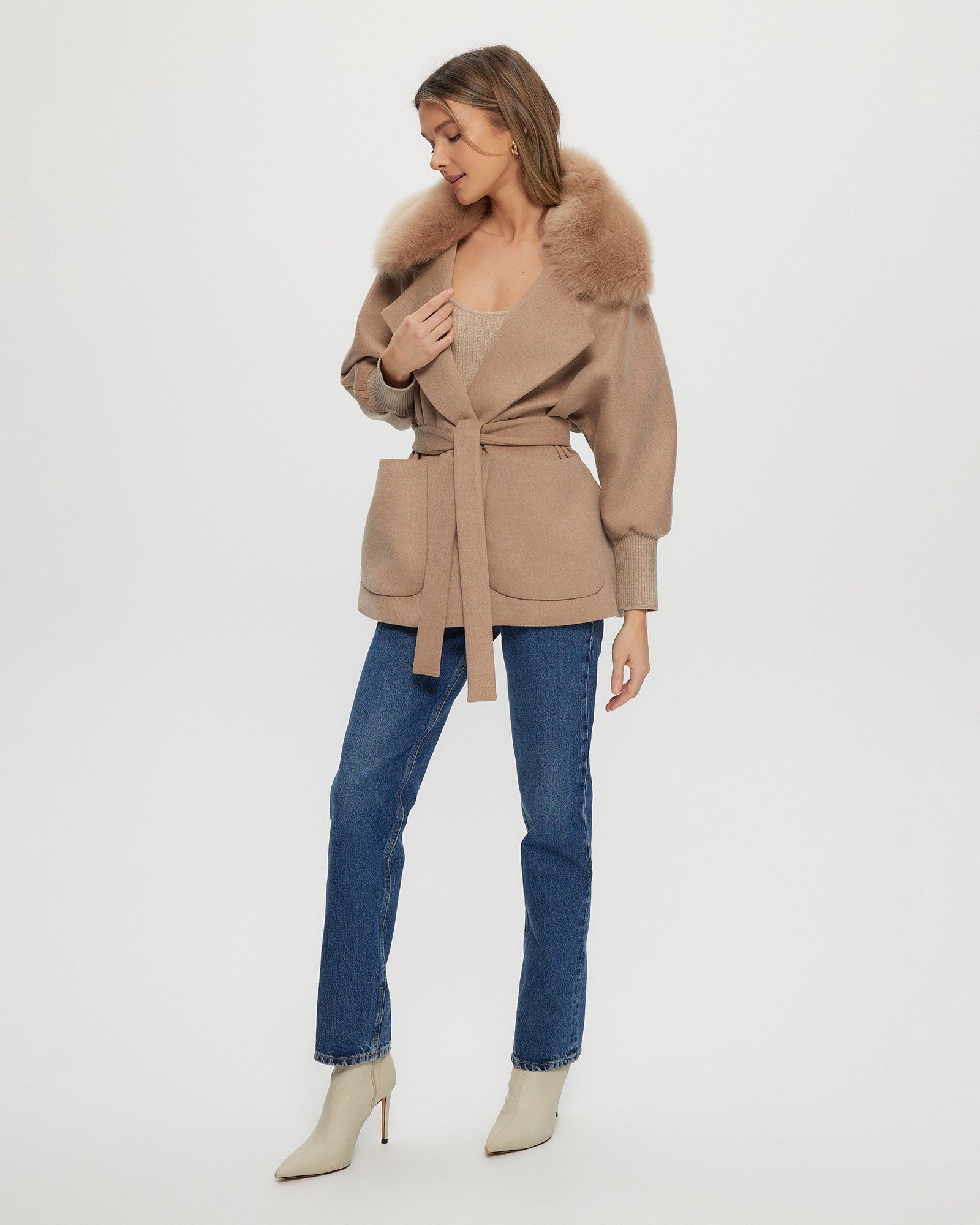 Fabric Jacket With Detachable Select Shearling Lamb Collar And Belt | Women | Camel