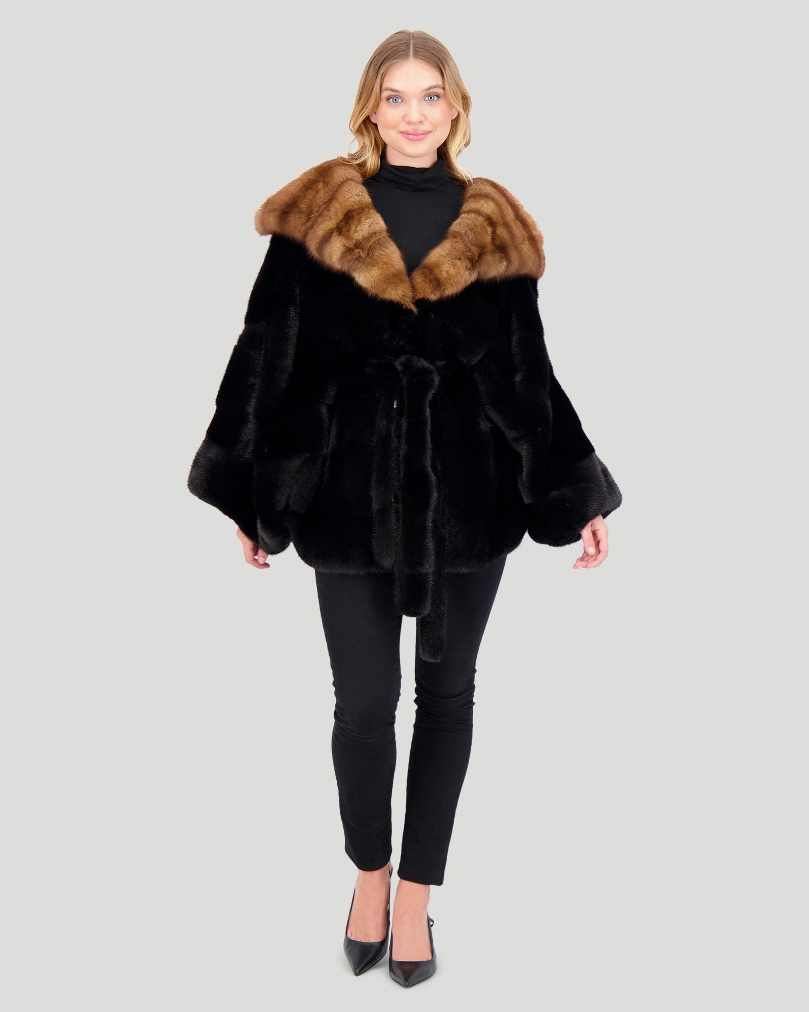 Horizontal Mink Cape With Sable Hood, Mink Belt | Women | Black x Brown