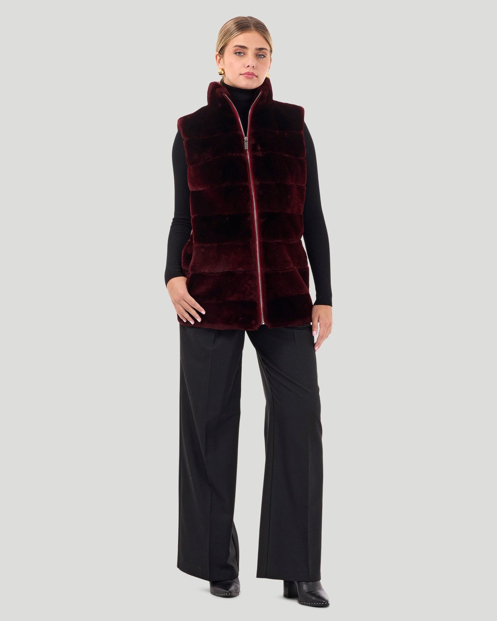 Horizontal Select Shearling Lamb Zip Vest With Quilted Back | Women | Burgundy x Burgundy