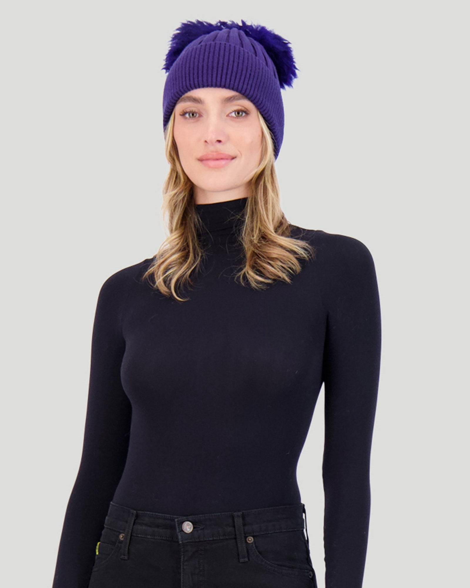 Knit Hat With Double Toscana Shearling Lamb Pompom | Women | Navy x Navy