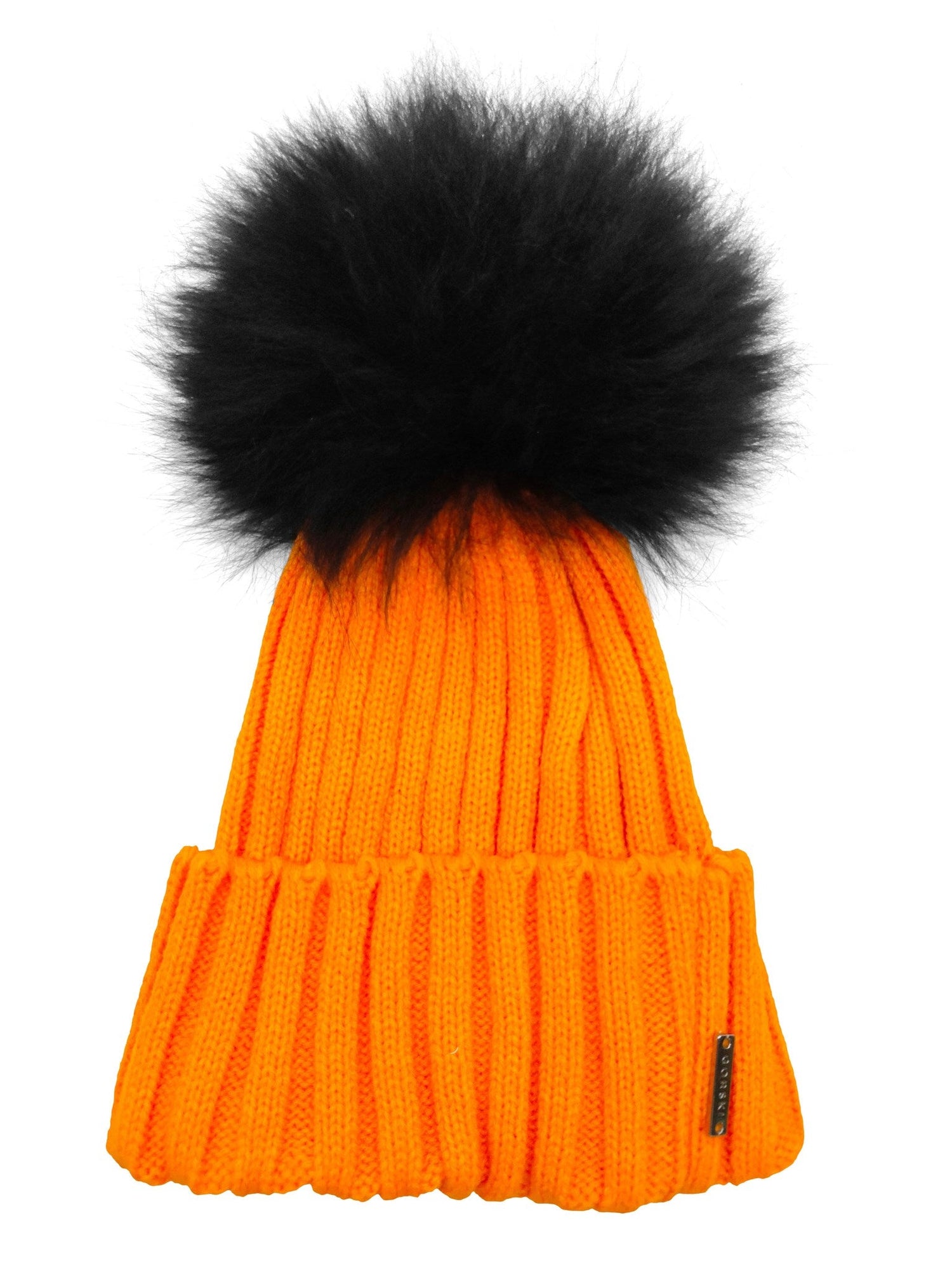 Knit Hat With Select Lamb Pompom | Women | Neon Orange x Black