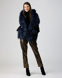 Knit Silver Fox Fur Ruffle Stole | Women | Navy