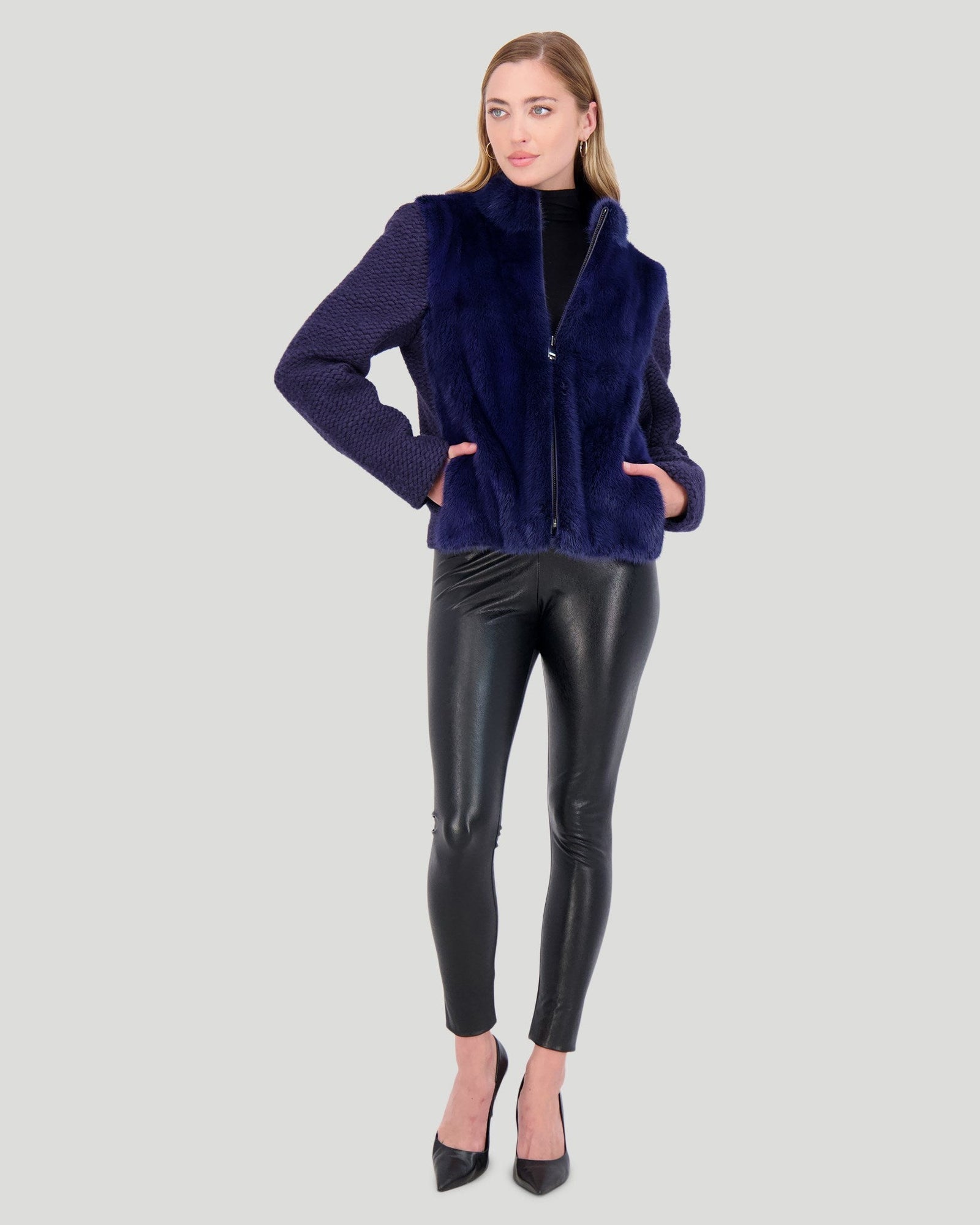 Knit Wool Jacket With Mink Front | Women | Admiral Blue (V1)